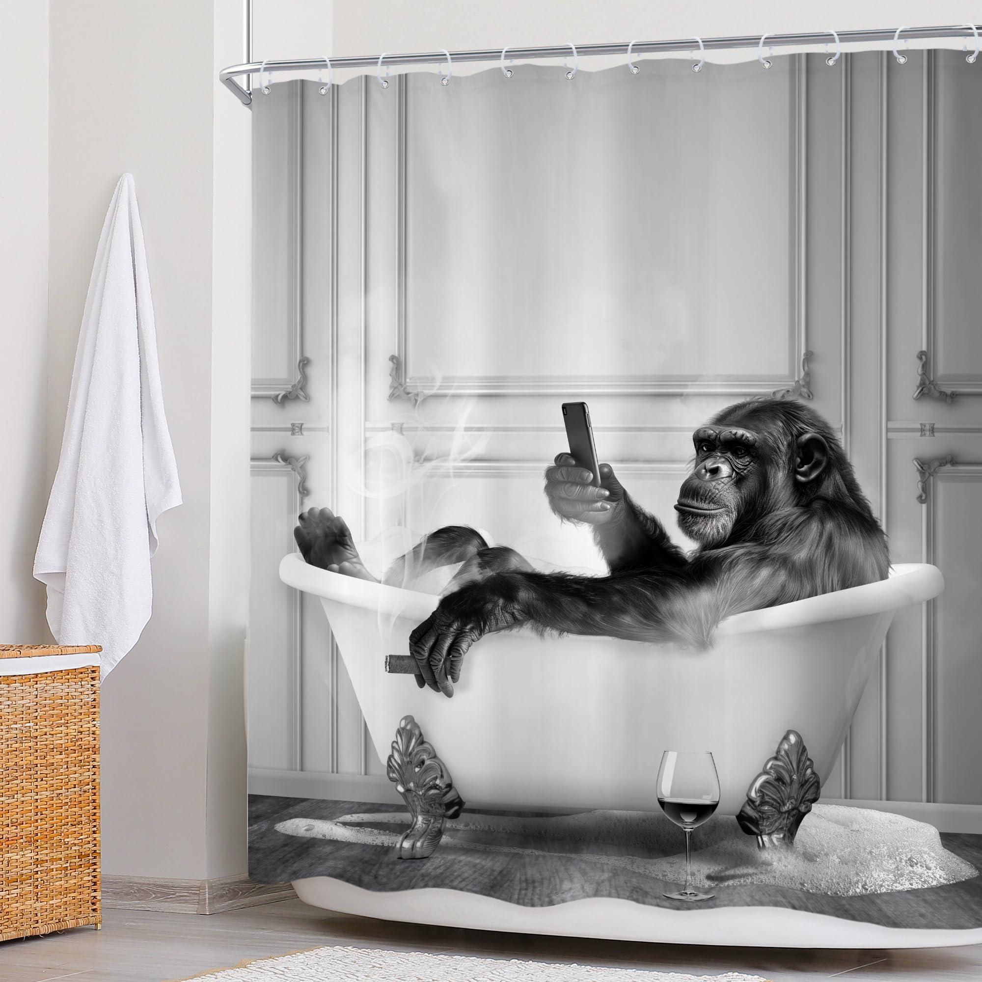 Newsely Newsely Funny Monkey Shower Curtain 60Wx72H Inch Animal Chimpanzee in Bathtub Black White Wildlife Cool Modern Shower Curtain Bathroom Set Boys Men Waterproof Bath Decoration Accessories Home Decor