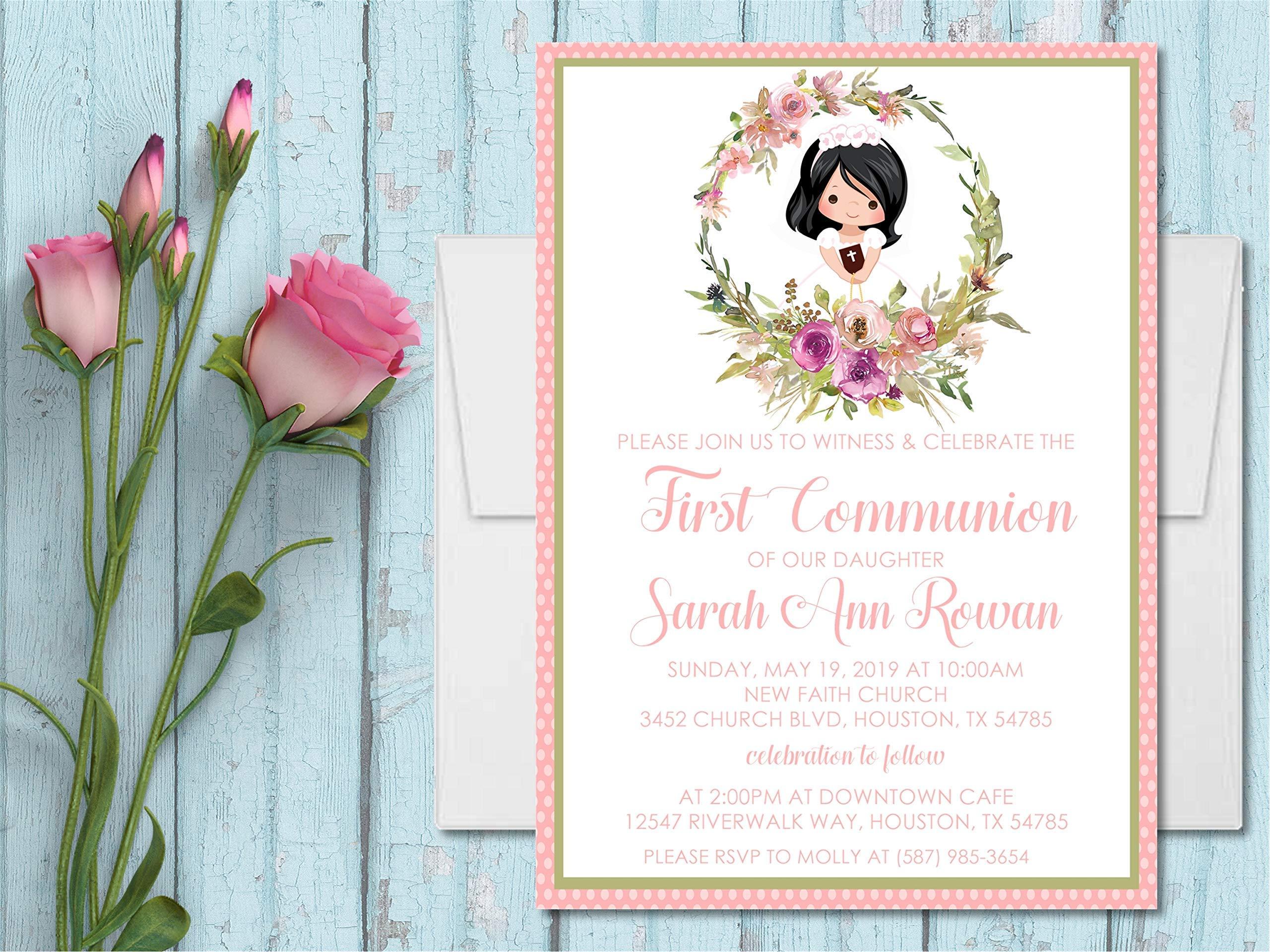 Party Beautifully Girls First Communion Invitations, Spanish First Communion Invitations For Girls, Pink Communion Invitations, Girls Communion Invites With Envelopes (Pink & Lavender)