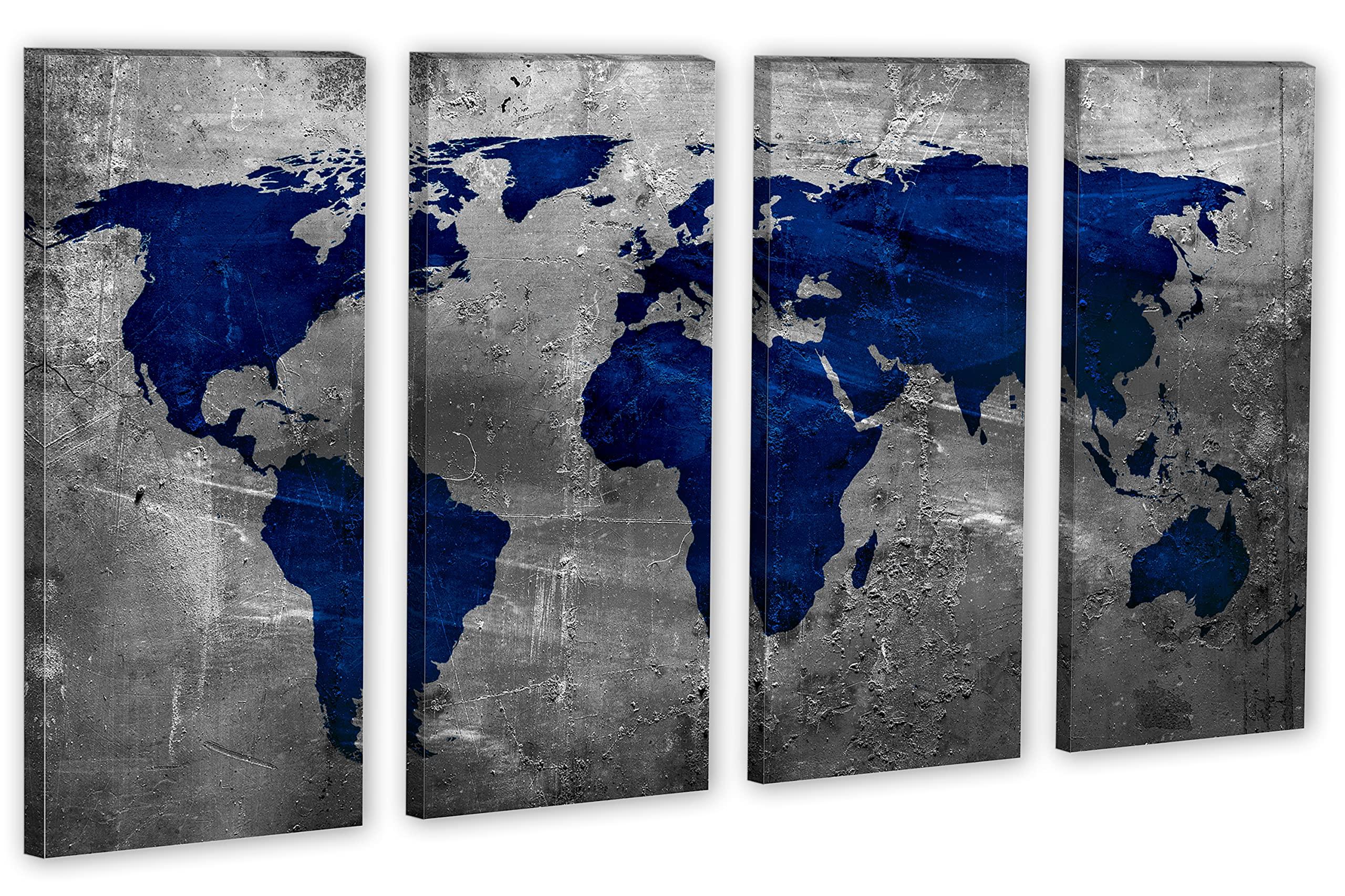 Canvas Quest 48 x 30 TOTAL - Sapphire Blue World Map Canvas Print Wall Art. 4 Panel Split. Gray background wall decor