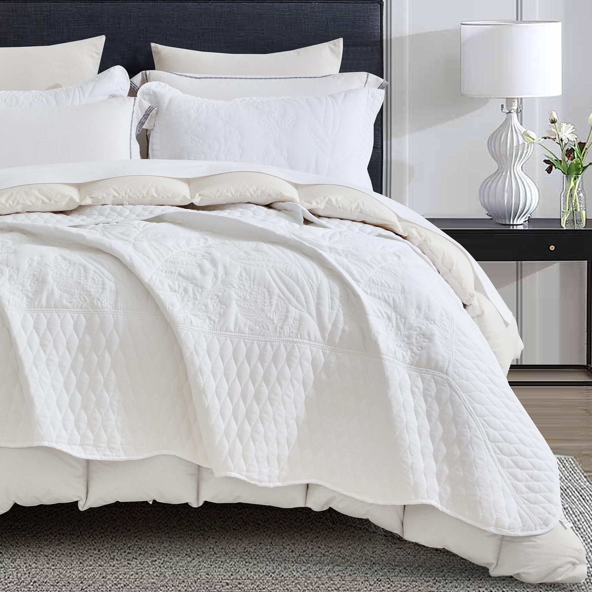 DaisyHuang DaisyHuang Botanical Oversized Bedspread Queen Size - Leaves Pattern Stitching Quilt Set - Elegent & Fresh Style Bedding Coverlets, Reversible, Lightweight, 4 Piece, White