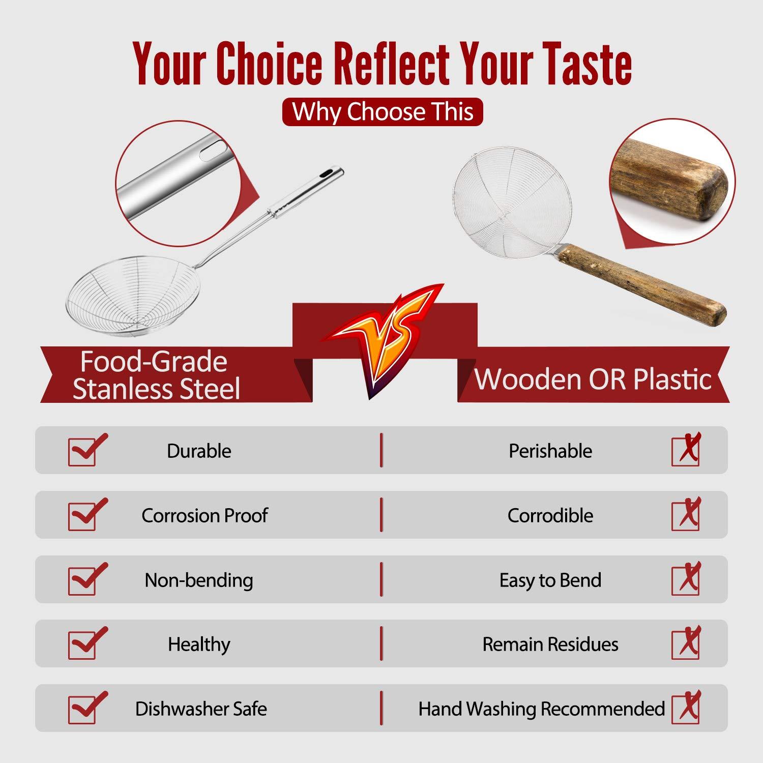 HIWARE Hiware Extra Large Spider Strainer Skimmer Spoon for Frying and Cooking - Set of 3 Stainless Steel Wire Pasta Strainer with Long Handle, Professional Kitchen Skimmer Ladle - 13.8\", 15\" & 16.4\"