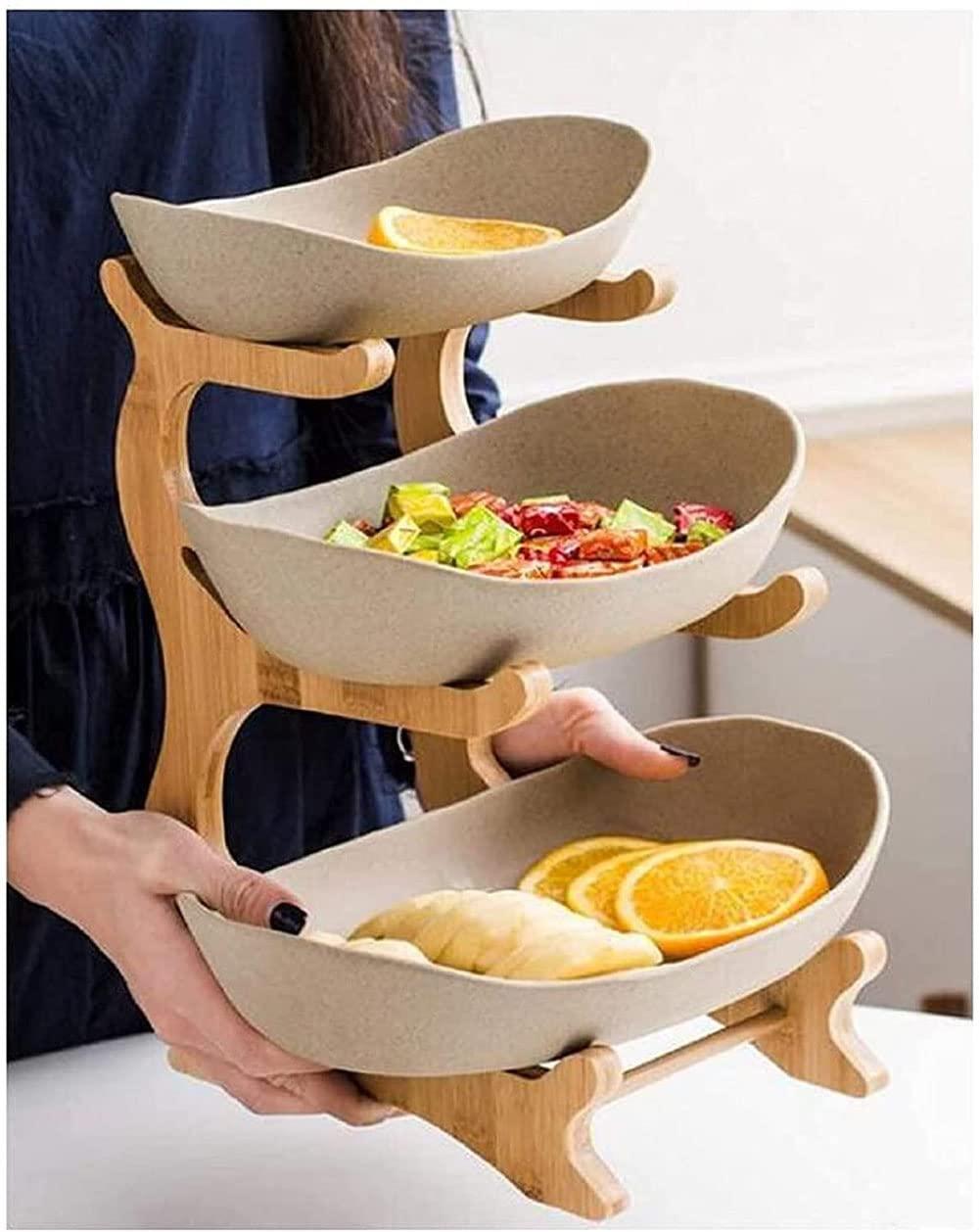 Honent Honent Fruit Basket Fruit Basket, Creative Countertop Ceramic Fruit Cake Stand, 3-Tier Fruit Bowl, Table Decoration Serving Tray, for Fruit, Bread, Snacks, White,Brown