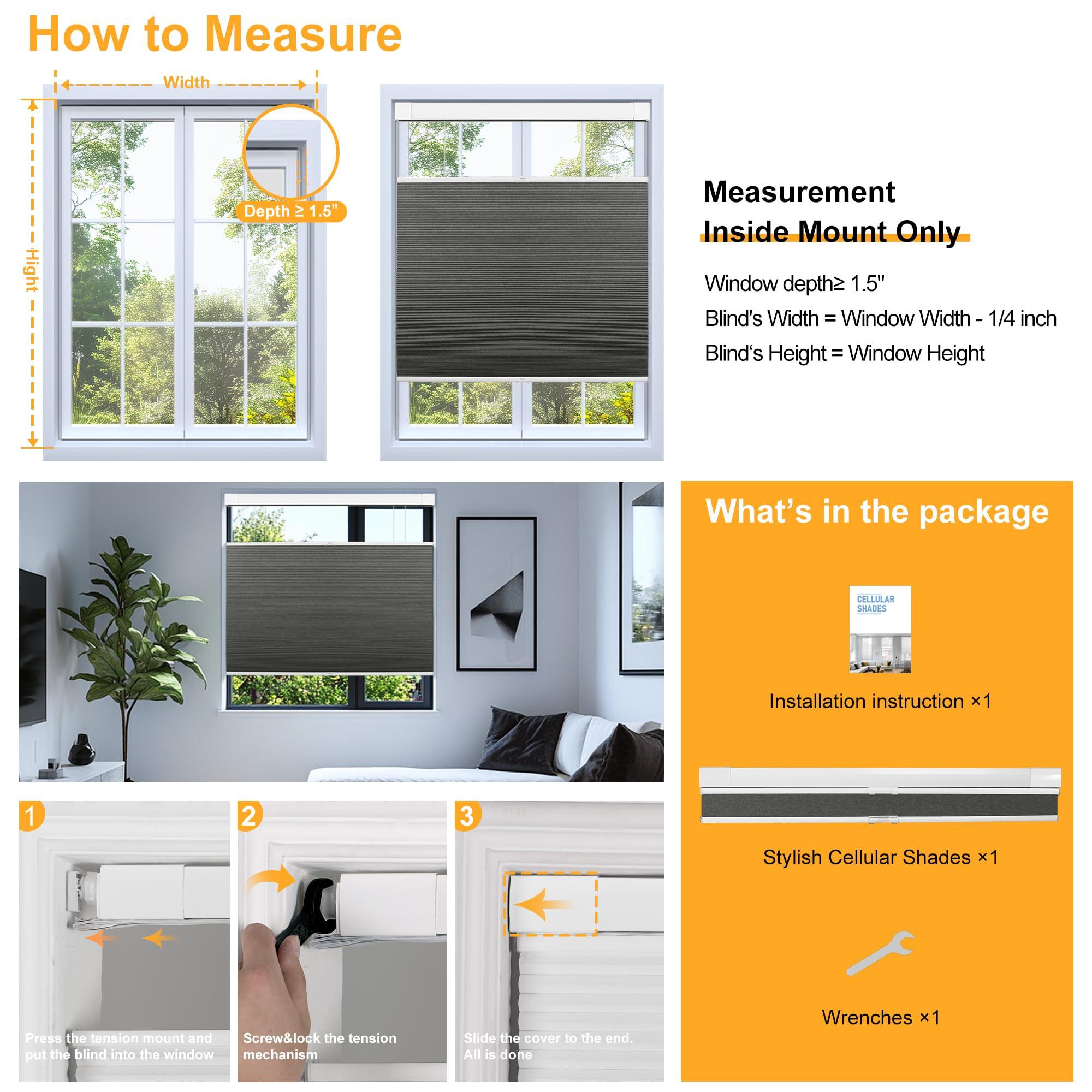 BERISSA BERISSA Top Down Bottom Up Cellular Shades No Tools No Drill Blinds for Windows Stripe Jacquard Fabric Cordless shades for Indoor Windows Easy to Install Cellular Blinds For Office(24.5"W x 56"H)Gray