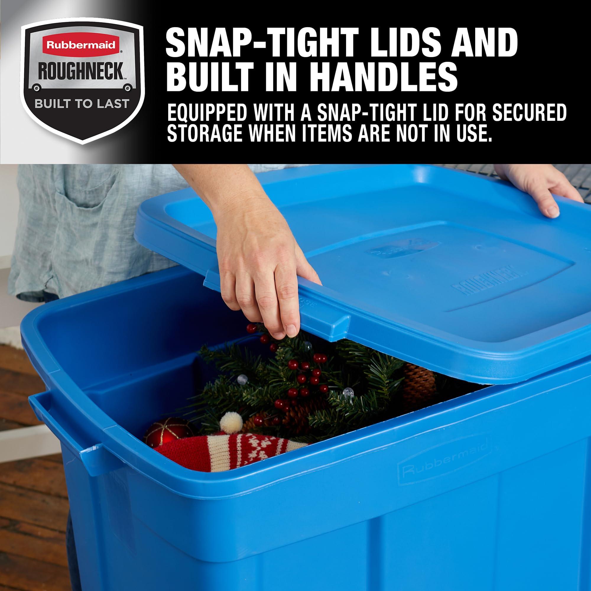 Rubbermaid Rubbermaid Roughneck Tote 25 Gal, 4 Pack, Made in USA, Herirage Blue, Rugged Plastic Stackable Storage Bins with Lids and Handles