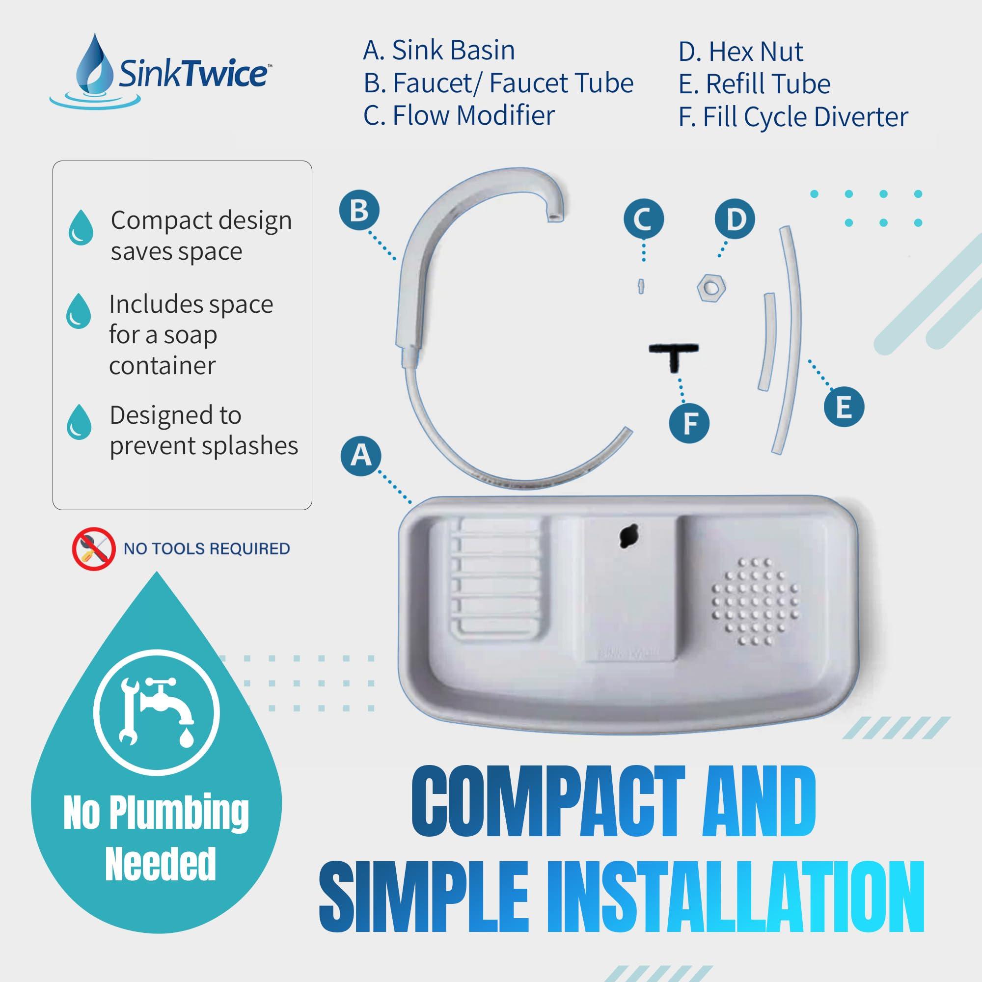 SinkTwice Sink Twice for toilet tanks measuring 15.25" - 16.8" (measured with lid off)