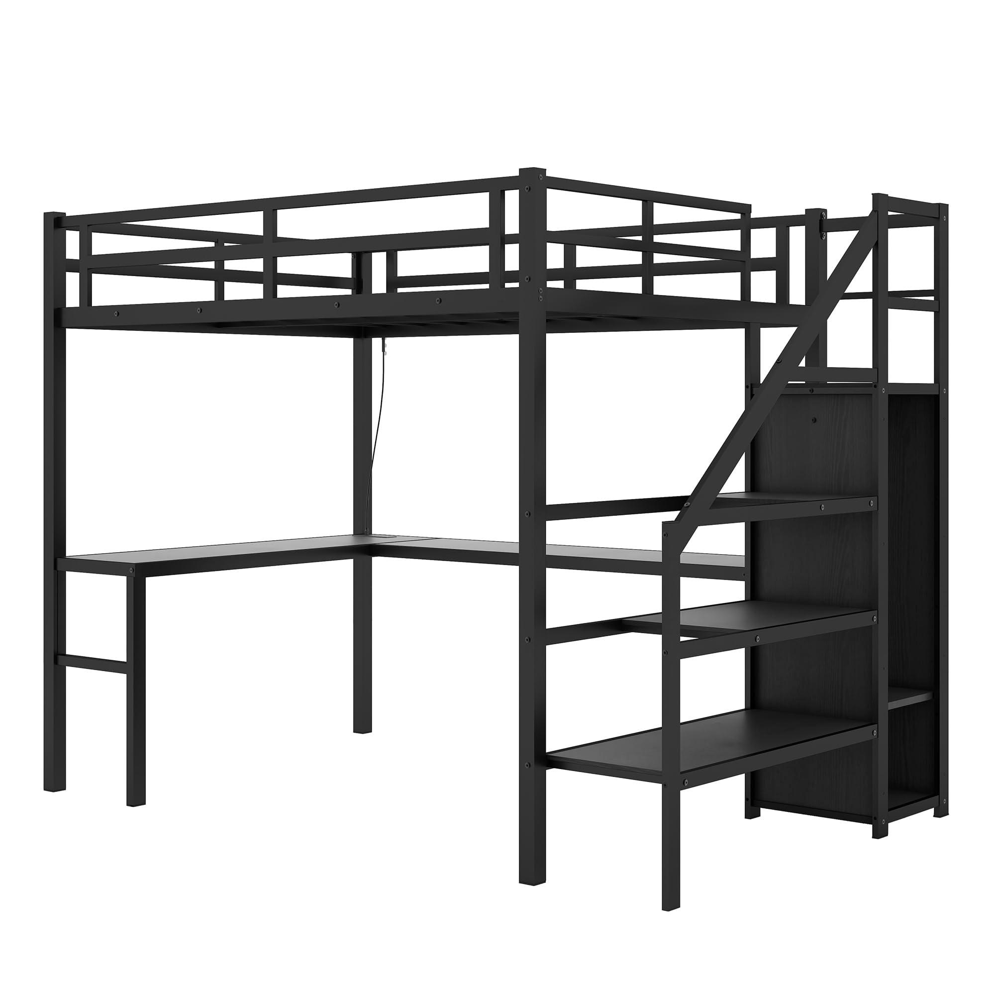 Linique Linique Full Size Gaming Loft Bed with L-Shaped Desk, LED and Charging Station, Metal Loft Bed with Wardrobe and Adjustable Shelf for Kids Teens Adults, Black