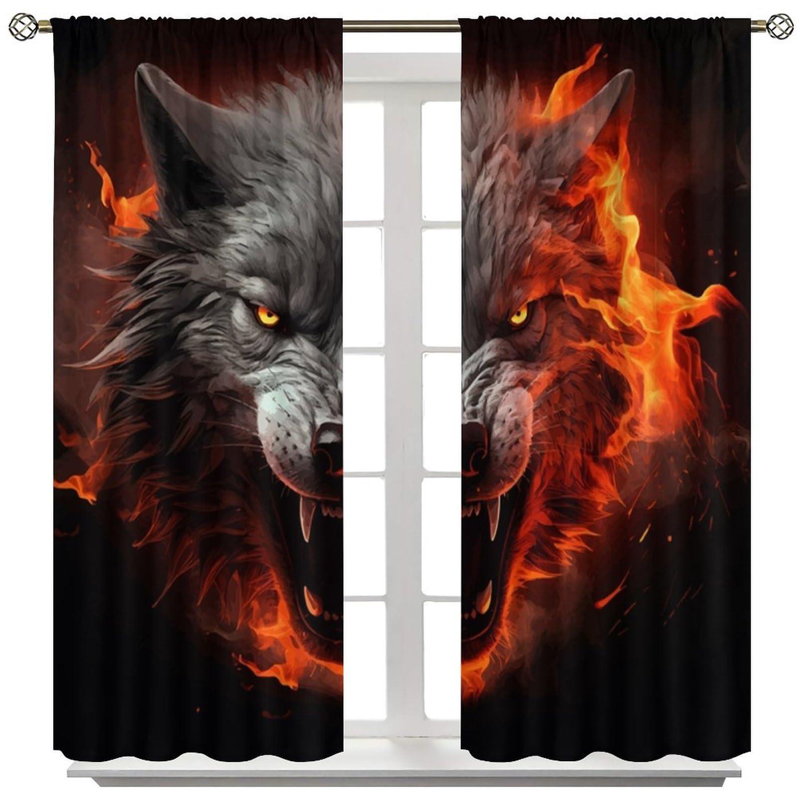 BATPLY Wild Animal Curtains, Black Red Fantastic Cool Scary Real Wolf Head with Burning Fire, Thermal Insulation Blackout Rod Pocket Window Treatments for Living Room Bedroom Bathroom (21x54in) x2 Panels