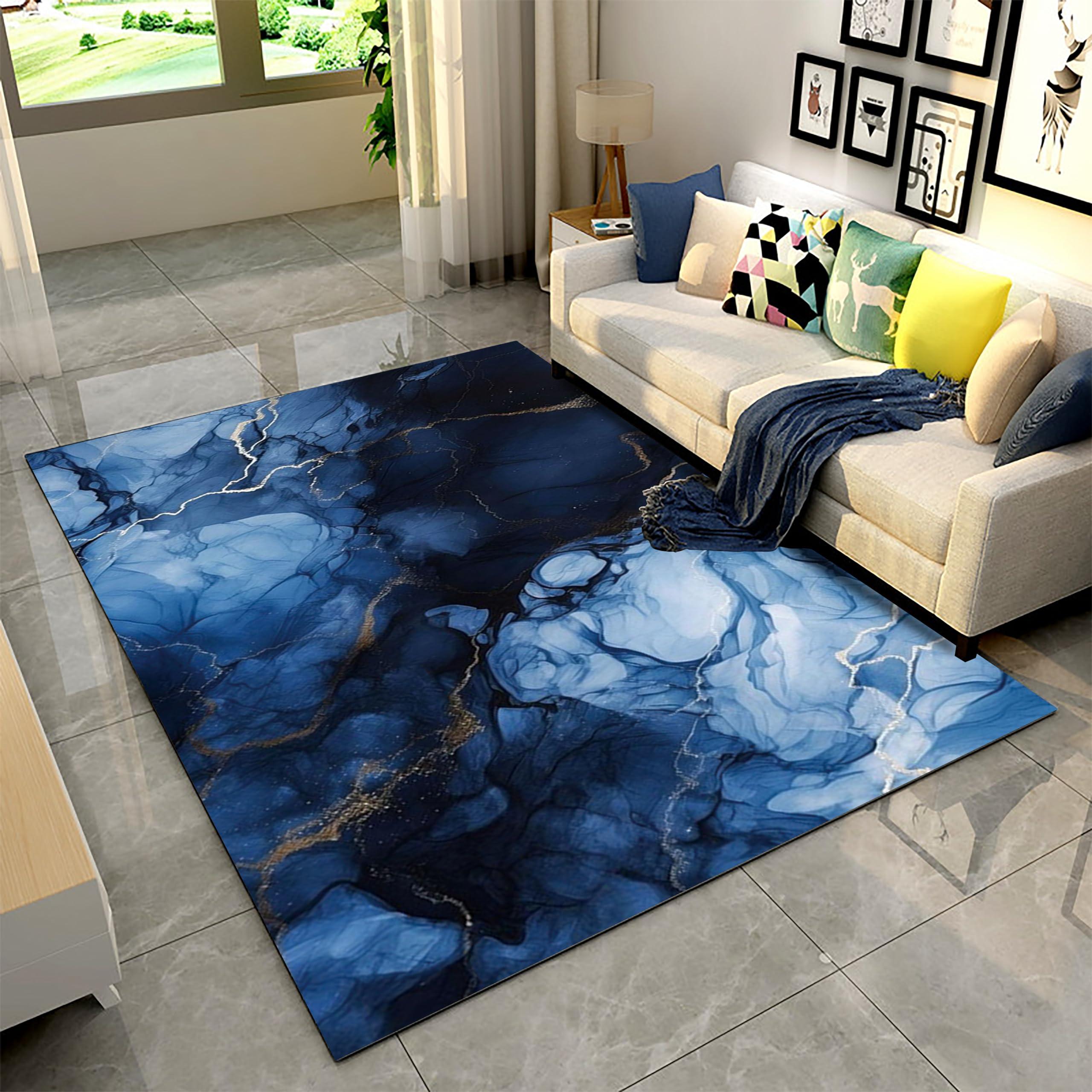 PDENZG Navy Blue Marble Area Rug, 5x6ft, Marble Gold Gilt RugTie-Dye Liquid Abstract Art Bedroom Decoration Carpetfor Living Room Bedroom Washable Soft and Non-Slip Dining Rug