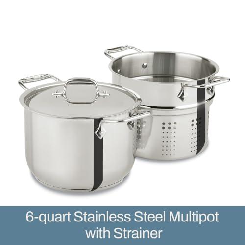 All-Clad All-Clad Specialty Stainless Steel Stockpot, Multi-Pot with Strainer 3 Piece, 6 Quart Induction Oven Broiler Safe 500F Strainer, Pasta Strainer with Handle, Pots and Pans Silver