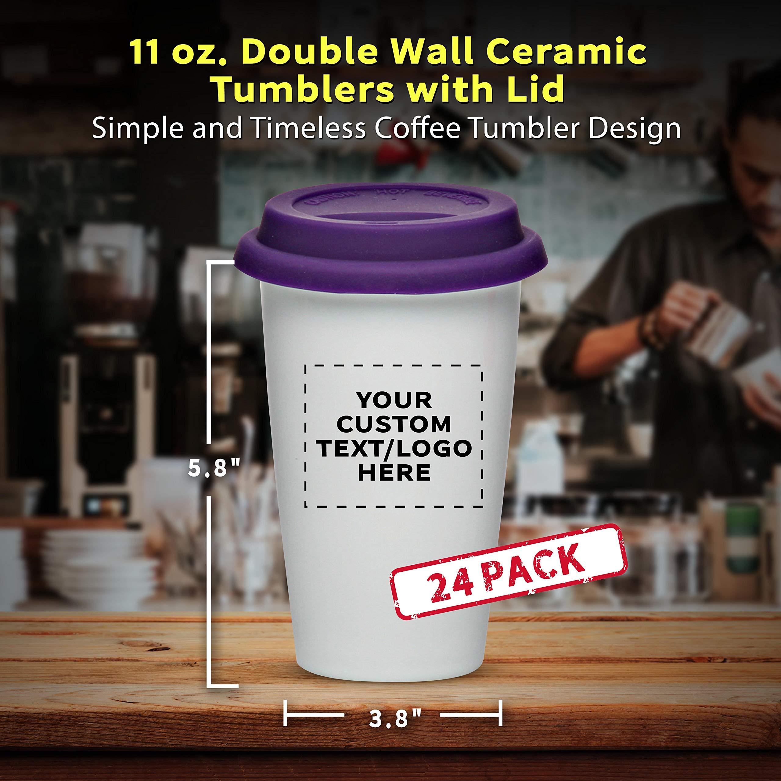 DISCOUNT PROMOS Personalized 11 oz. Double Wall Ceramic Tumblers with Lid - 24 Pack - Custom Text, Logo - Purple