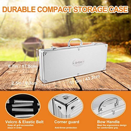 grilljoy grilljoy 20PCS Heavy Duty BBQ Grill Tools Set - Extra Thick Stainless Steel Spatula, Fork& Tongs. Complete Barbecue Accessories Kit in Aluminum Storage Case - Perfect Grill Gifts for Men