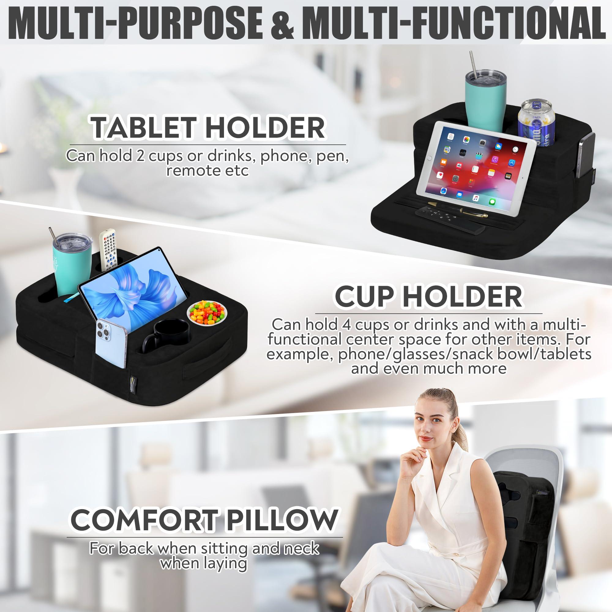 TabCouchCaddy TabCouchCaddy - Couch Cup Holder Tray Pillow - Bed, Couch Caddy, Sofa, RV & Car - Holds Drinks, Snacks, Remotes, Phones, Kindle, Tablet | Bed Cup Holder (Black)