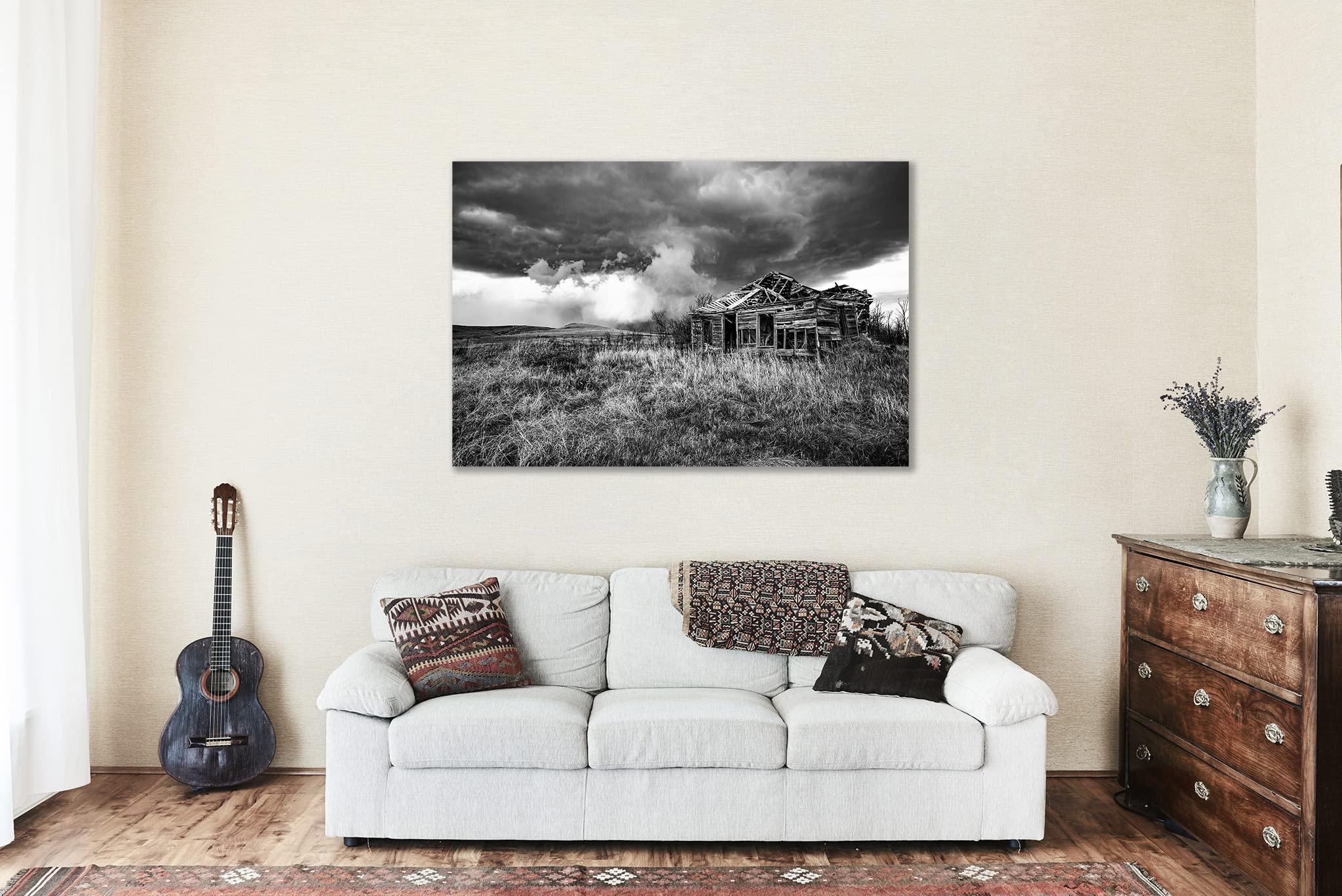 Southern Plains Photography Country Canvas Wall Art (Ready to Hang) Black and White Gallery Wrap of Storm Passing Behind Abandoned House in Kansas Rustic Wall Art Farmhouse Decor (1.5, 20\" x 30\")