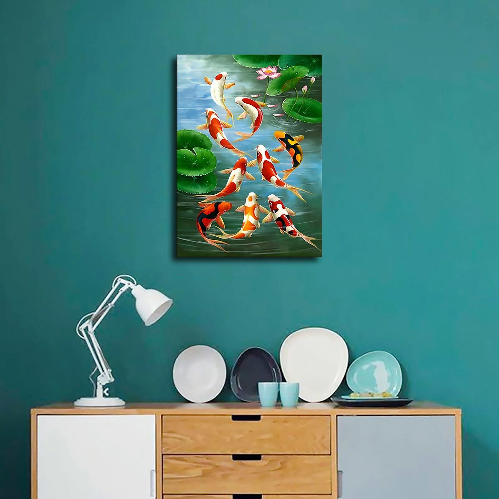 ZeeHxq ZeeHxq Feng Shui Nine Koi Fish Lucky Landscape Poster Painting on Canvas Wall Art Living Room Decoration Home (16x24inch Framed)
