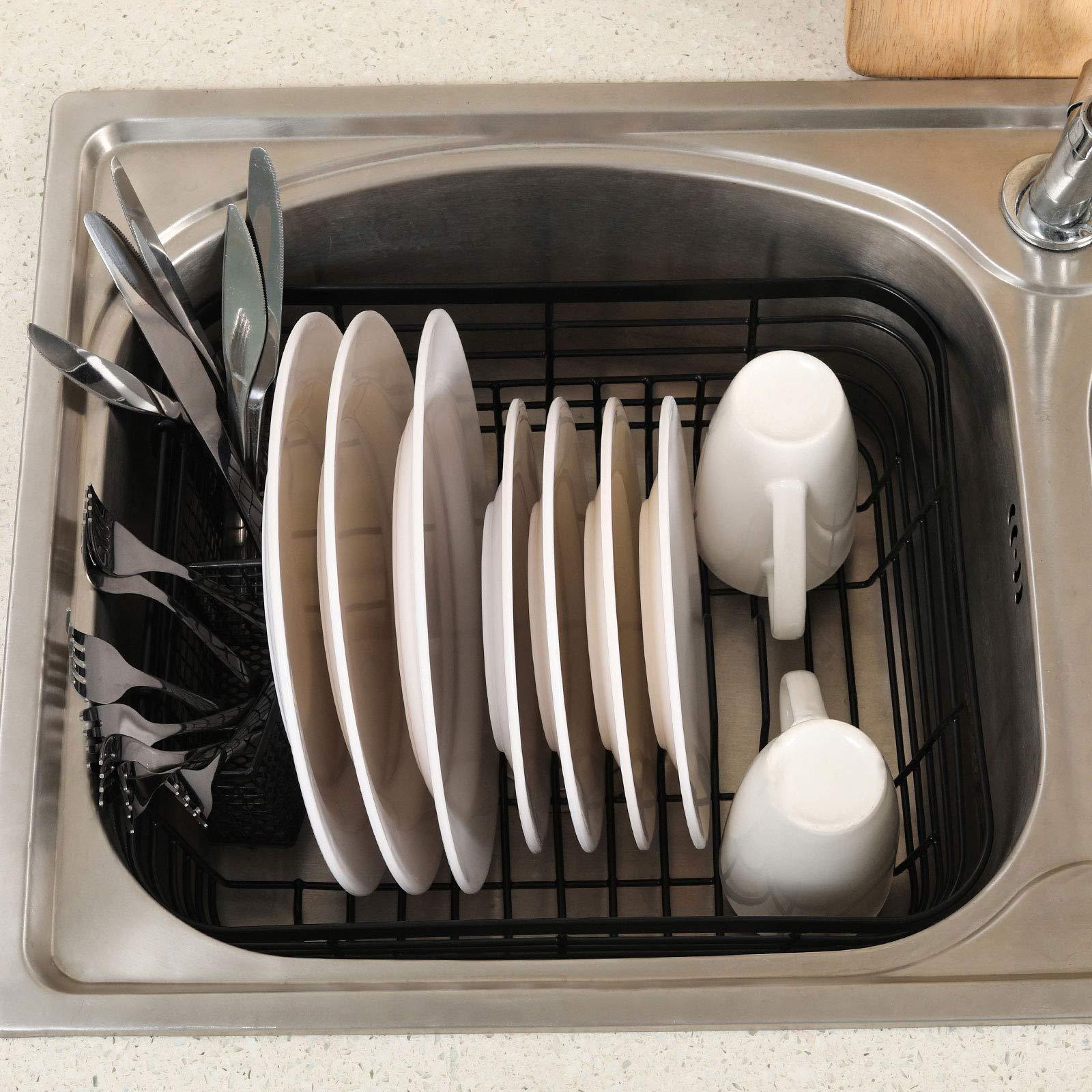 TQVAI TQVAI Kitchen Dish Drainer Rack with Drying Board and Full-Mesh Silverware Utensils Holder, Black