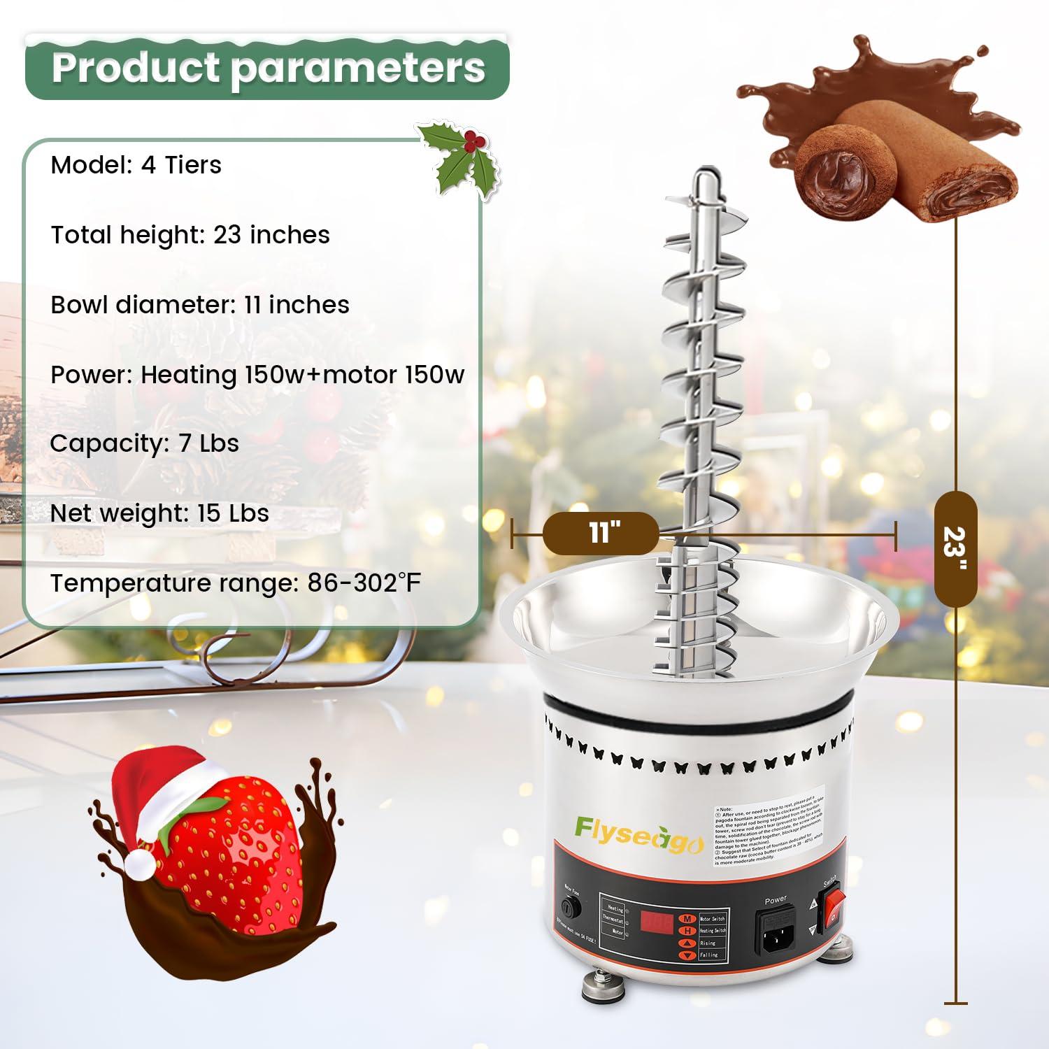 Flyseago Flyseago Commercial Chocolate Fountain 4 Tiers 7Lbs Large Chocolate Waterfall Stainless Steel Chocolate Heating Melting Fondue Machine Easy to Assemble for Cheese BBQ Sauce Ranch Digital-control