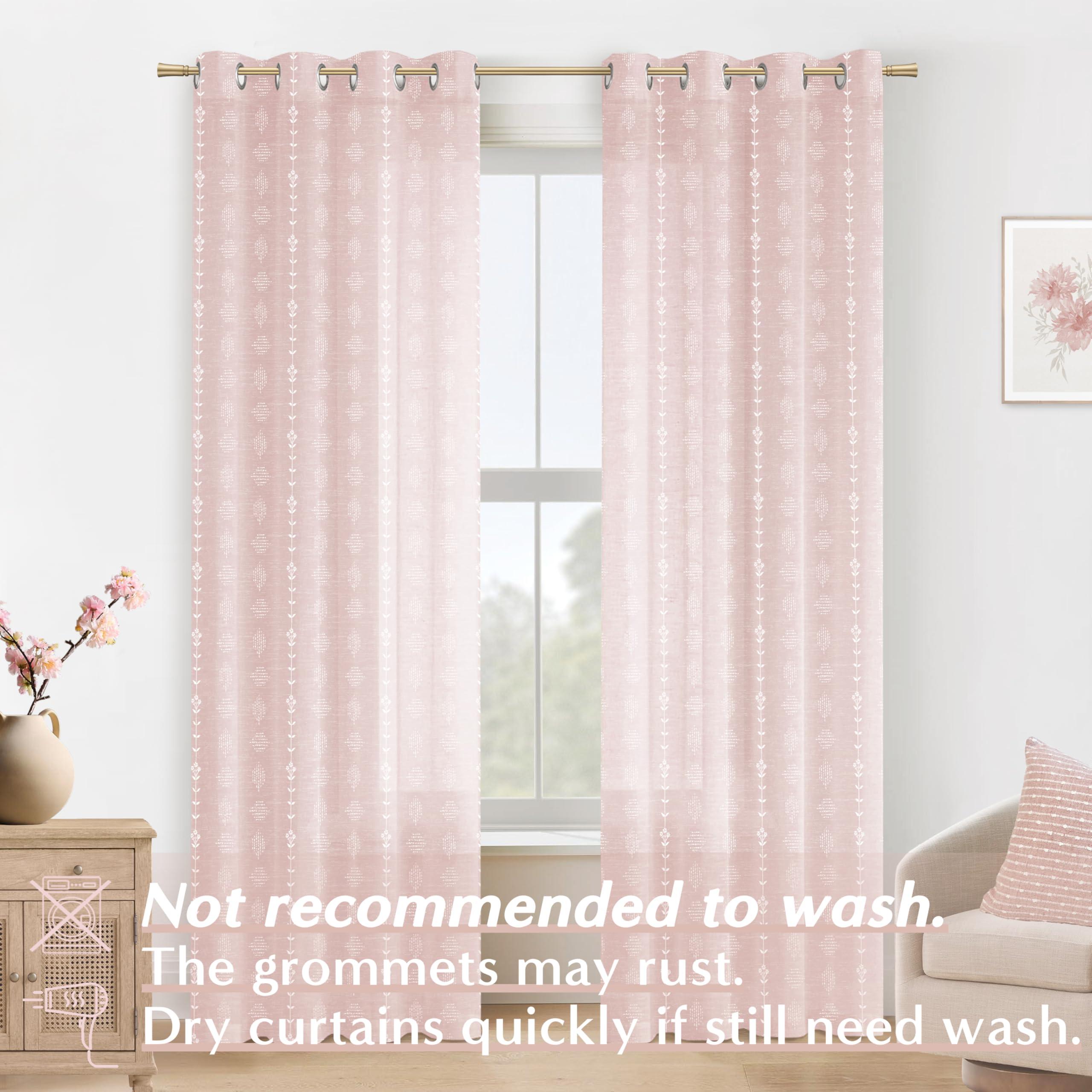 Lino Rosa Pink Curtains 2 Panels,Sheer Floral Linen Boho Blush Curtains for Bedroom Living Room 84 Inches Long