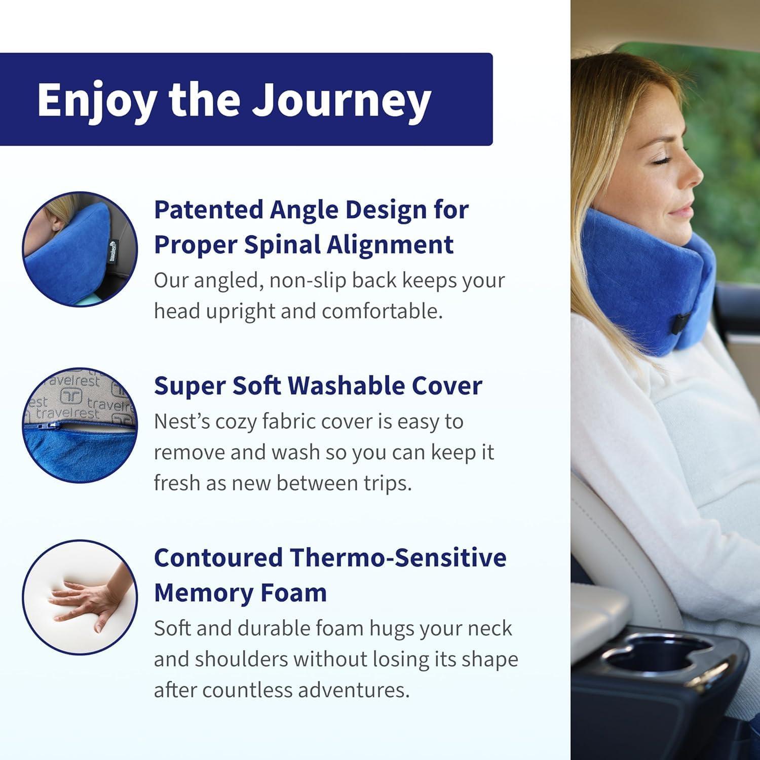 TRAVELREST TRAVELREST Nest Neck Pillow Travel Essentials - Memory Foam Pillow and Patented Design, Support for Long Flights, Travel Accessories, Comfortable and Compact, Washable, Attaches to Luggage - Blue