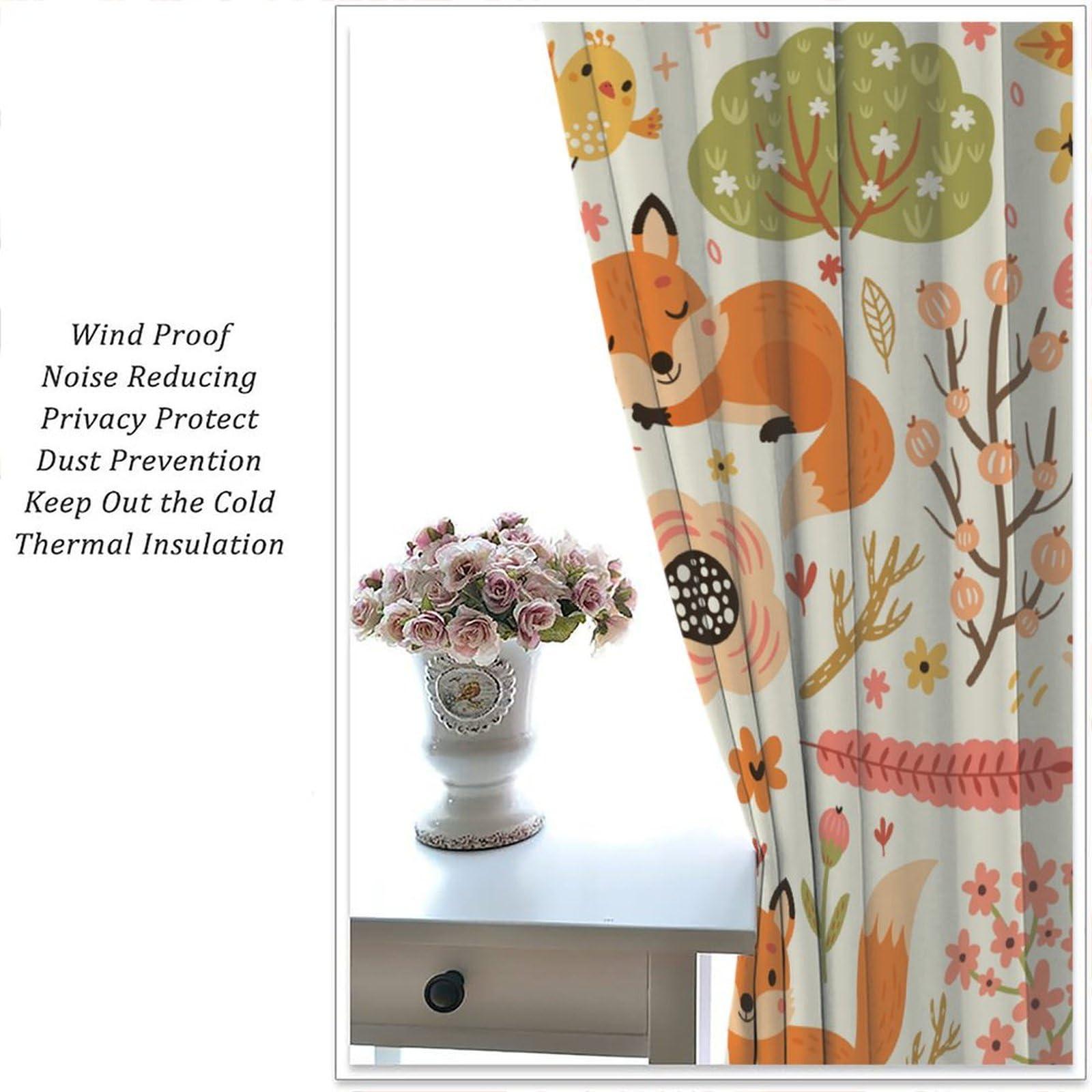 QLYYDS Cartoon Animal Curtains Autumn Forest Flowers Fox Bird Print Pattern Window Drapes for Nursery Baby Bedroom Playroom Fabric 2 Panel W42xL84in