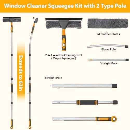 Baban Baban Window Squeegee Cleaner, 2 in 1 Window Cleaning Tool with Elbow and Straight Extension Pole, 62\'\' Telescopic Window Washing Equipment with Bendable Head for Car Glass Indoor Outdoor High Windows