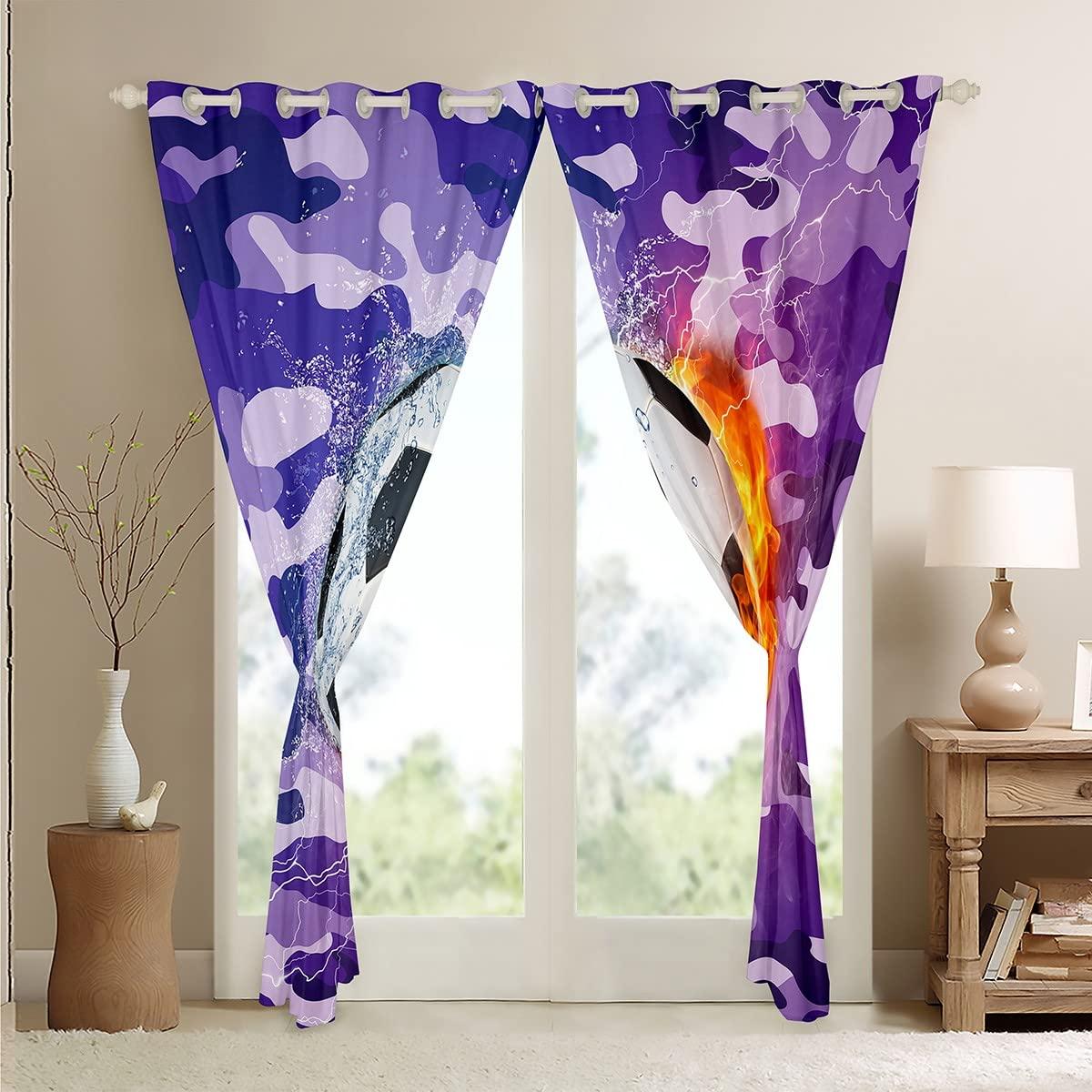 Erosebridal Football Curtains For Boys, Soccer Window Curtains, Sports Games Bedding Set For Kids Teens Adult Men, Camouflage Ice And Fire Thermal Insulated Window Drapes For Living Room Decor, Purple 42"Wx84"L