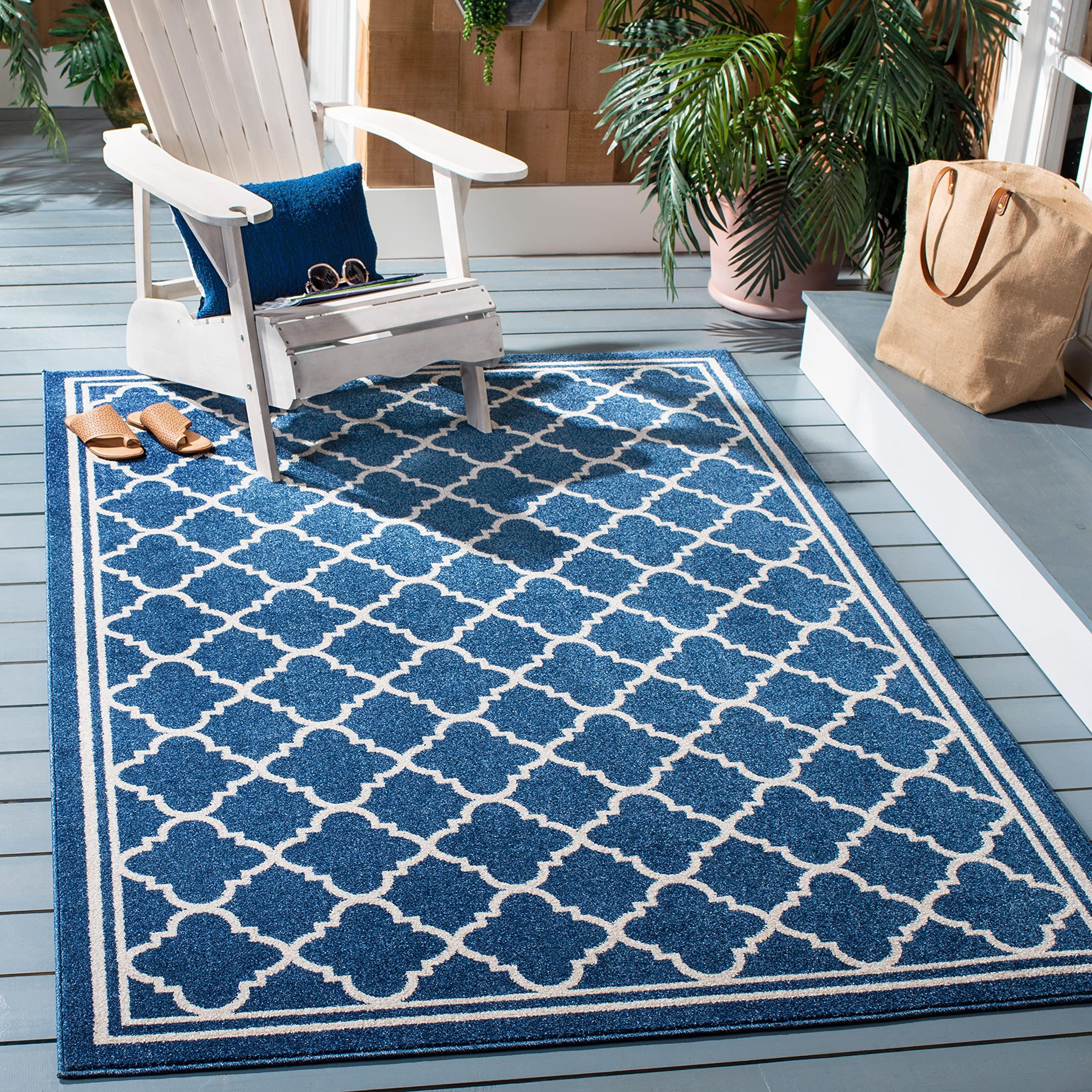 Safavieh SAFAVIEH Amherst Collection 8\' Square Navy/Beige AMT422P Moroccan Trellis Non-Shedding Living Room Bedroom Area Rug