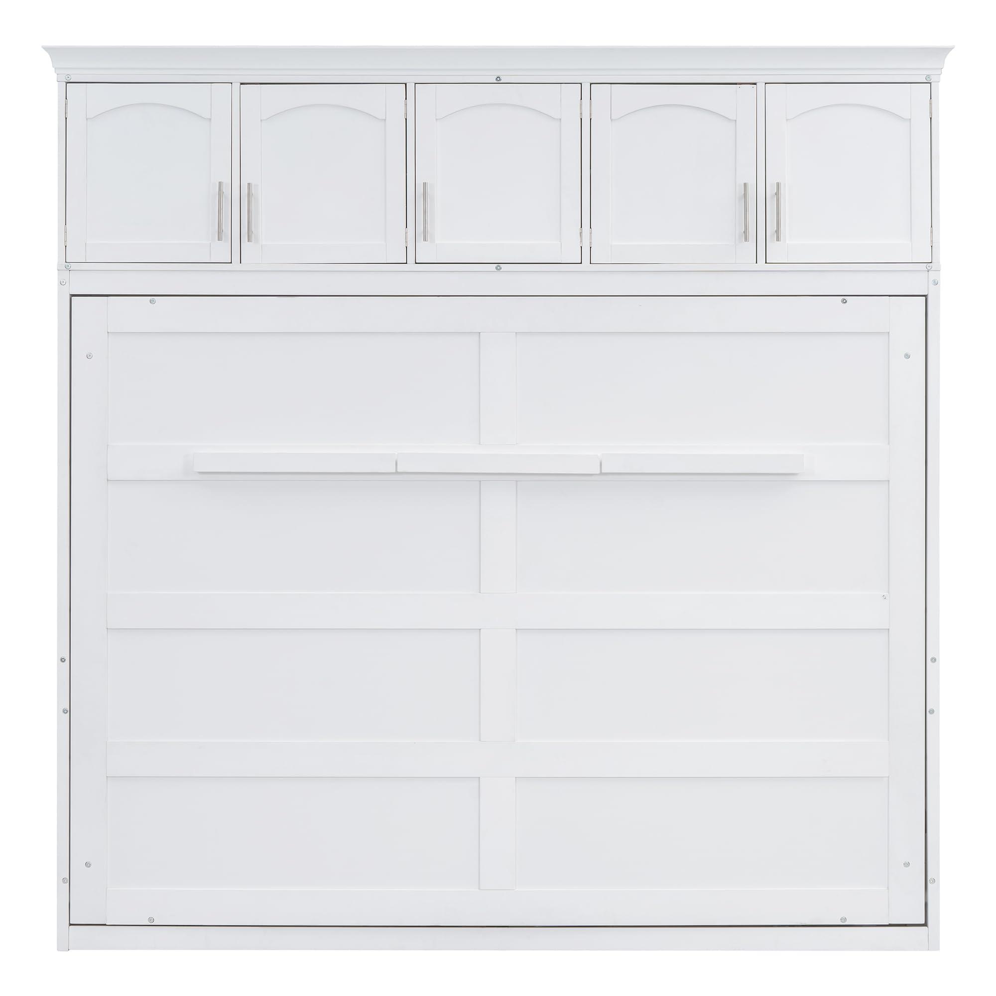 Merax Merax Modern Farmhouse Solid Wood Murphy Bed Chest with Top Cabinets, Tall Wall Platform Bed Space Saving/Wood Slat Support Full,White