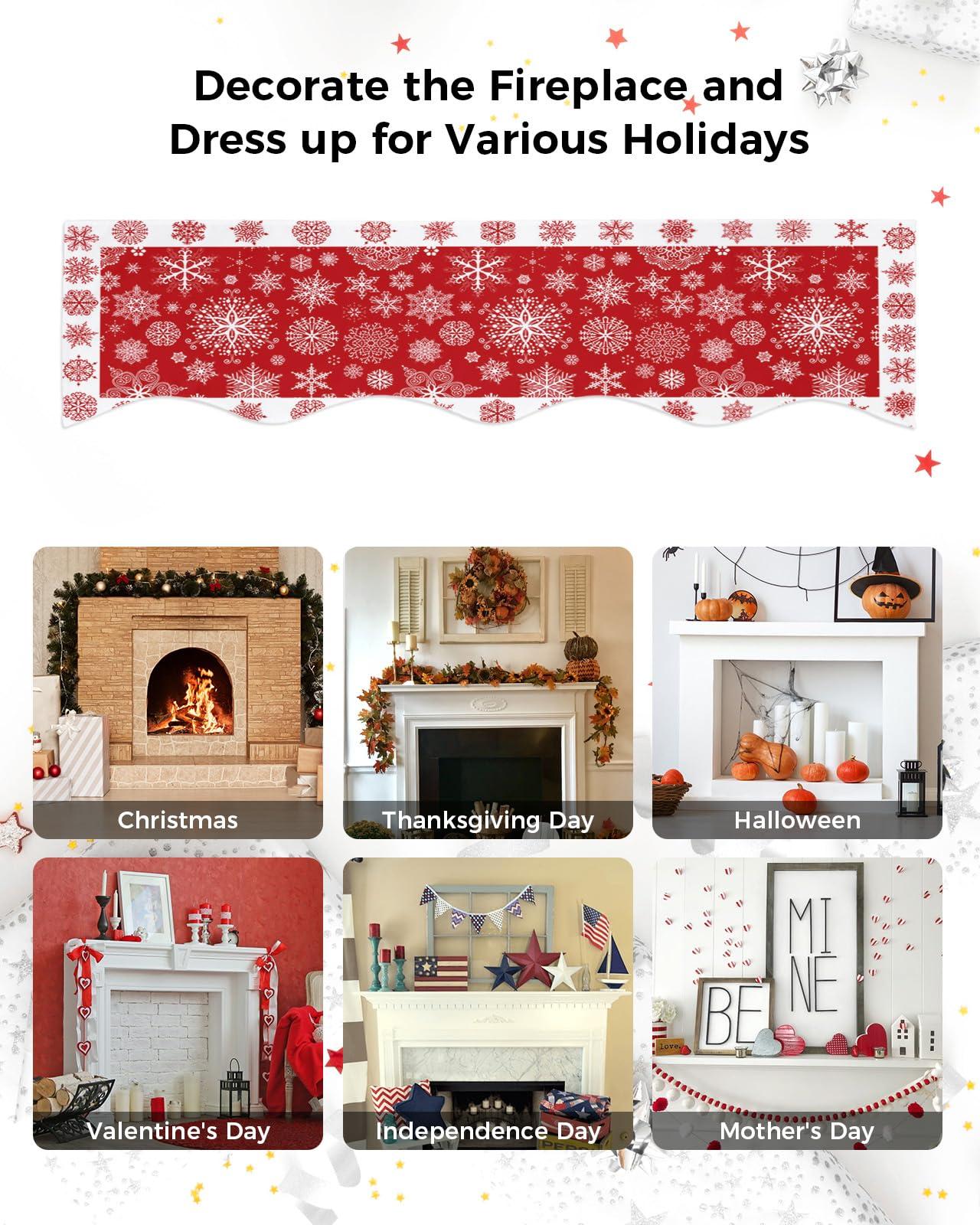 Edwiinsa Christmas Fireplace Mantel Scarf Table Runner, Winter Garland Mantel Top Tablerunners Dresser Scarves Cover Decorations for Windows Party Living Room 60x17 Red Merry Xmas Snowflake Winter Holiday