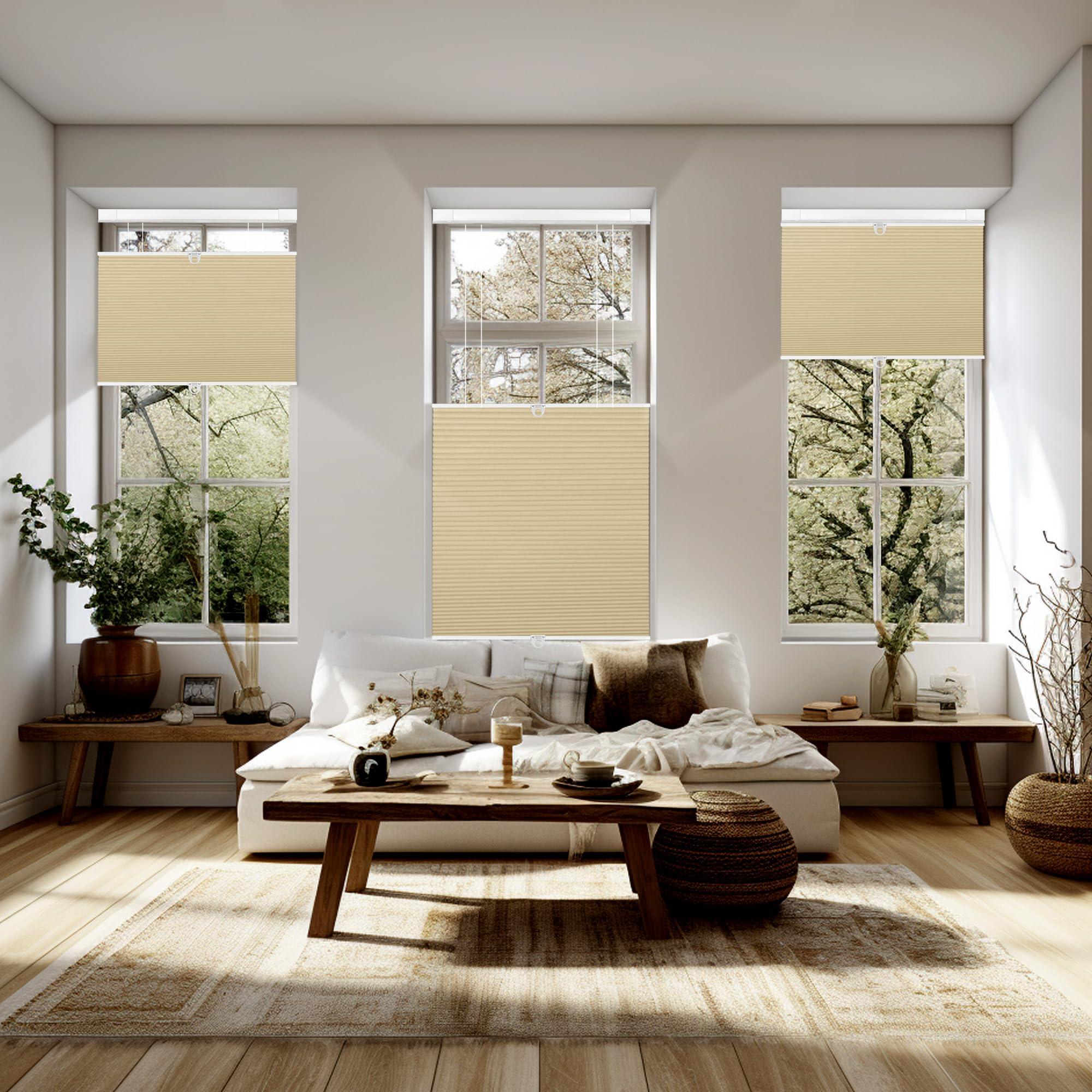 Doing-X Doing-X Cordless Cellular Shades Blackout Top Down Bottom Up No Tool No Drill Honeycomb Cellular Window Blinds Room Darkening French Door Blinds for Kitchen Living Room Office,Beige,32" W x 64" H