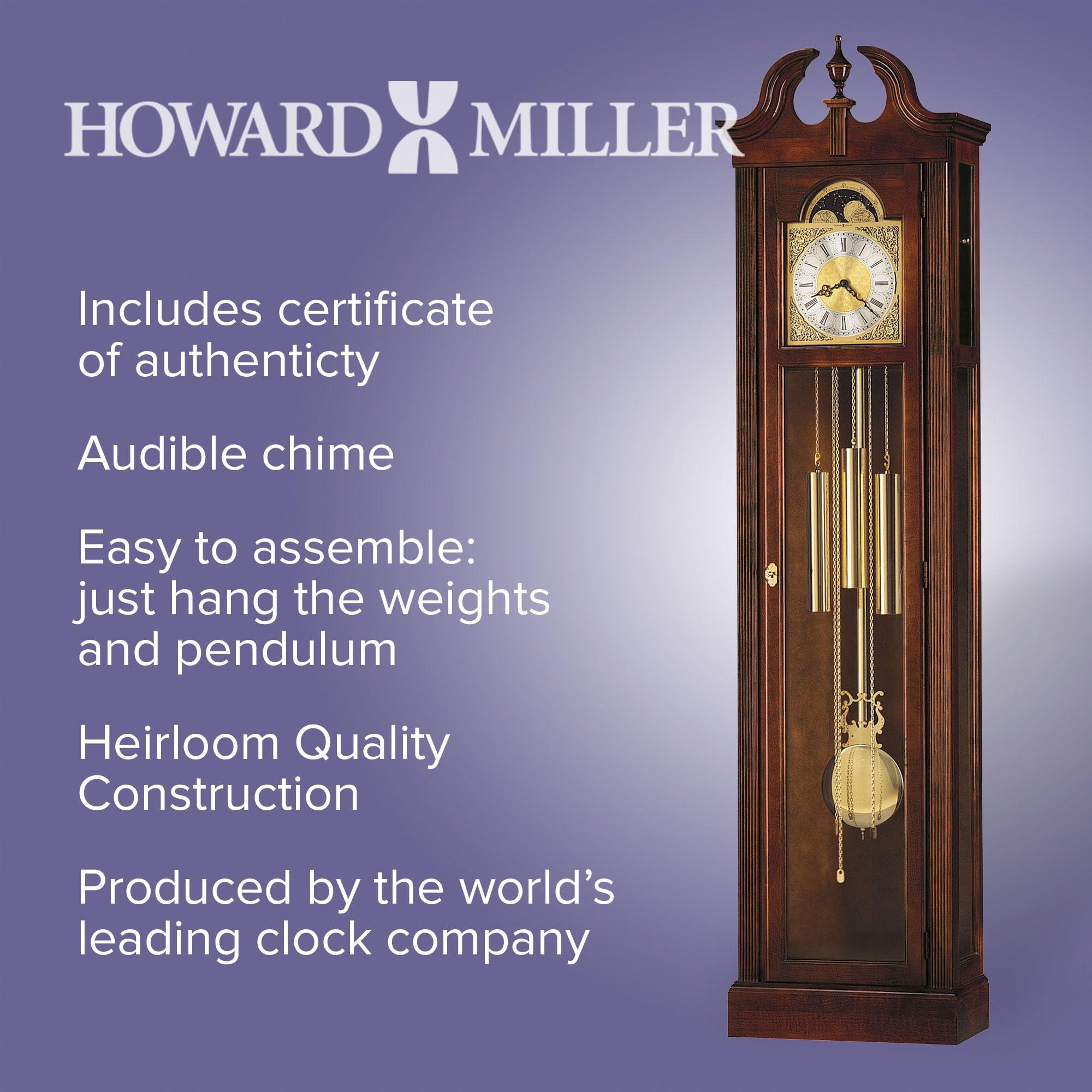 Howard Miller Howard Miller Chateau Floor Clock, Lockable Glass Door Wood Finish Adjustable Home Decor, Stationary Blue Moon Phase Chime Silence Option for Dining Area or Office Swan-Neck Pediment