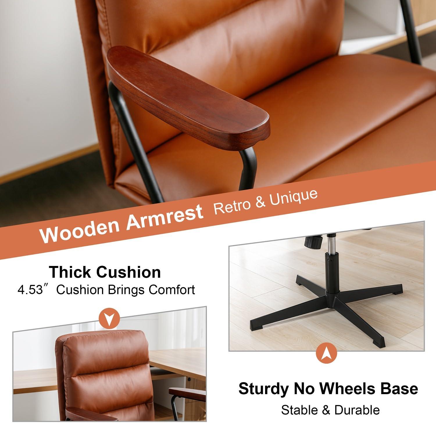 Okeysen Okeysen Office Desk Chair No Wheels, Swivel Chair with Retro Wooden Armrests, Criss Cross Legged Armless Computer Chair for Home Office, Mid Century Modern Adjustable Task Chair with Thick Cushion