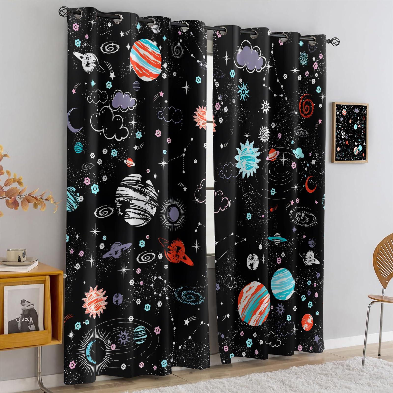 PFFM Outer Space Curtains for Windows, Planet Theme Cartoon Galaxy Solar System Pattern Blackout Curtains, Light Reducing Privacy Protect Drapes for Boy Girl Kids Bedroom-26 W X 84" L X 2 Panels