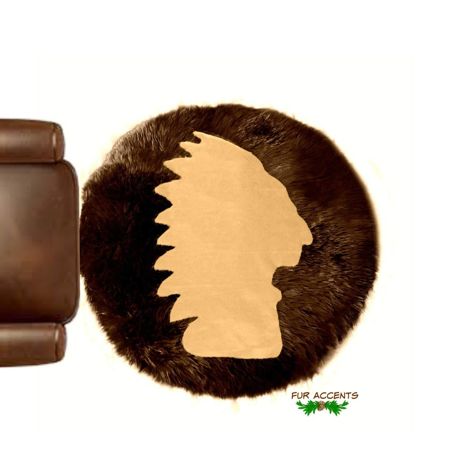Fur Accents Indian Head Faux Fur Shag Area Rug Sheepskin Bear Skin Rug Fur Accents Art Rug Carpet (8' Round, Brown on Tan)