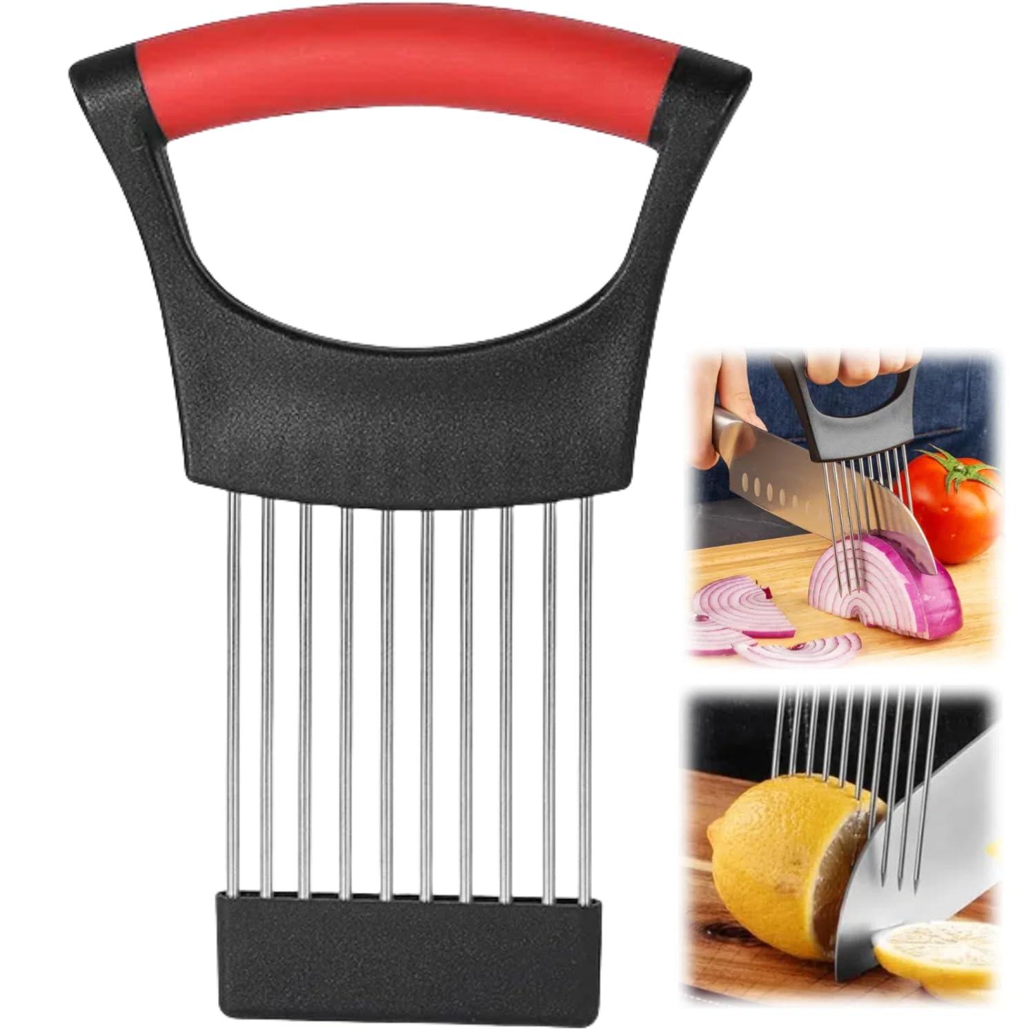 Koujut Onion Slice Holder, 2024 New Stainless Steel Onion Holder for Slicing, Chopper Slicing Assistant Tool, Cutter for Slicing of Meat, Onion, Potato, Tomato Kitchen Gadgets (Red, 1 Pack)