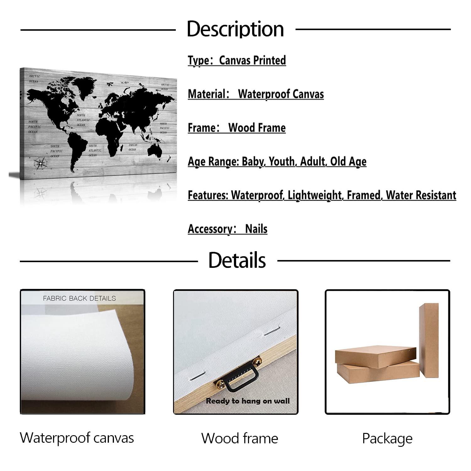 TAOMI World Map Black Grey White Wooden Grain Painting Artwork for Office Bedroom Wall Art Poster Large Frame Home Decorations Greyscale Minimalist Picture