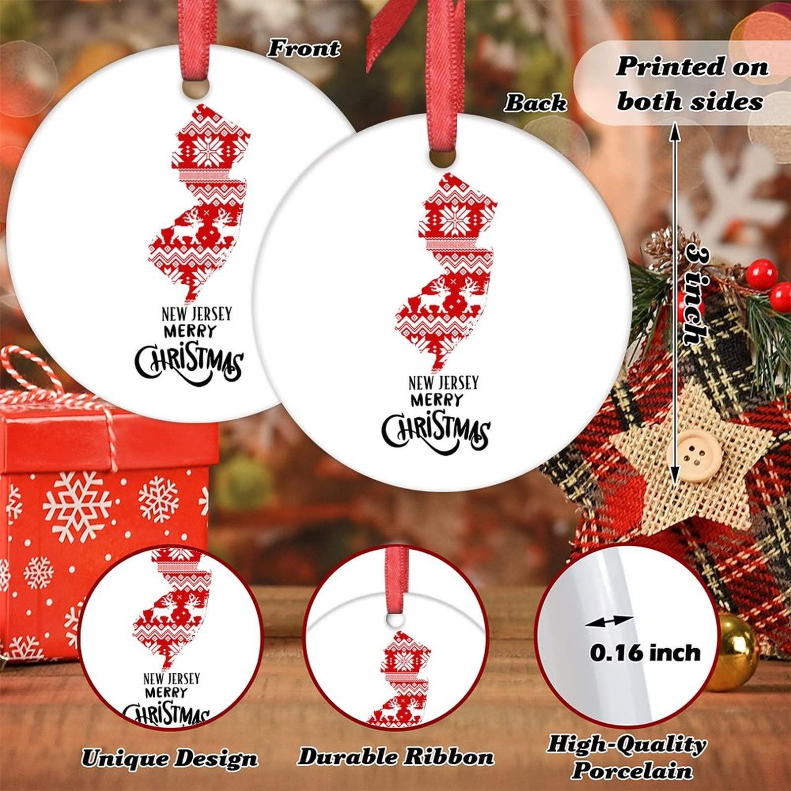 godblessign New Jersey Map Ornaments for Christmas Trees Personalized Home State Christmas Ornament 2022 Merry Christmas Ceramic Round Hanging Ornaments Christmas Keepsake New Year Gifts 3 Inch