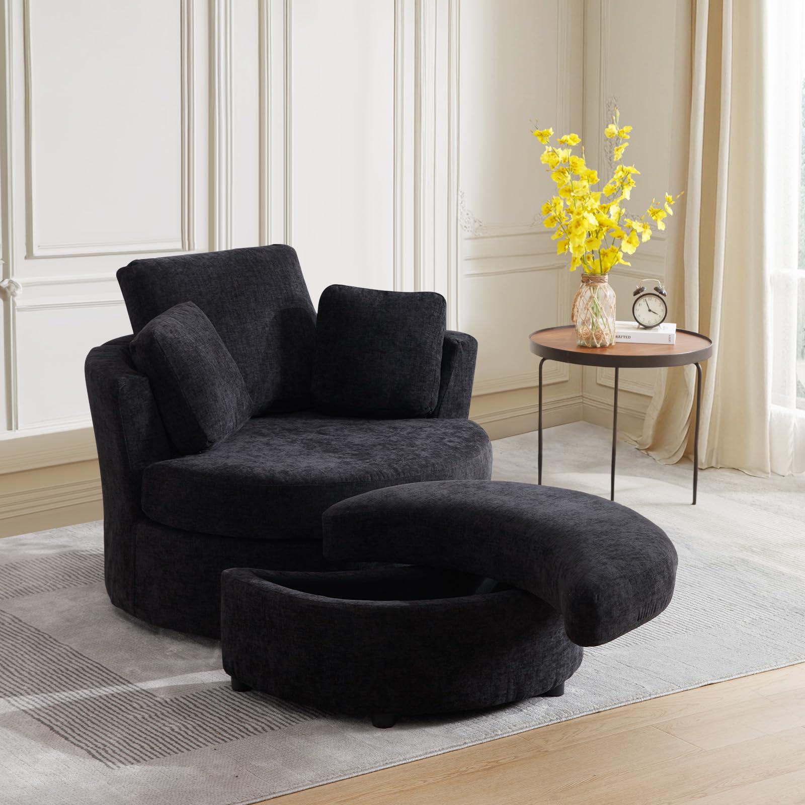 GEEVIVO 42\"W Oversized Swivel Accent Chair with Half Moon Storage Ottoman,360 Degree Chenille Swivel Barrel Chair,Comfy Upholstered Round Swivel Chair,Modern Reading Sofa Arm Chair for Living Room,Club(Black)