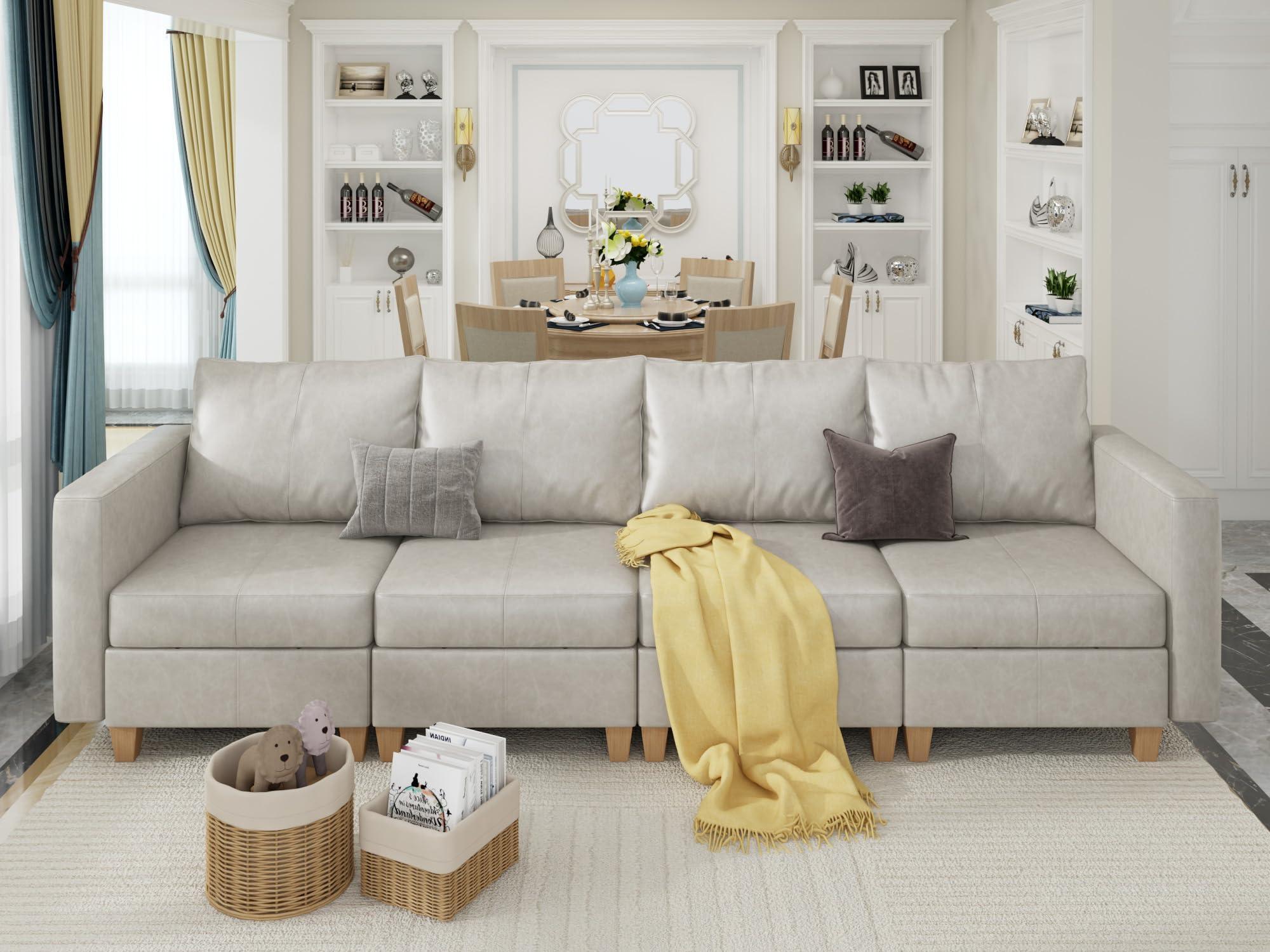 EASE MOOSE EASE MOOSE Modular Sectional Couch with Storage Seats, 4 Seat Faux Leather Convertible Modular Sofa Sectional Sofa Couch with Reversible Chaises for Small Spaces, Whitesand