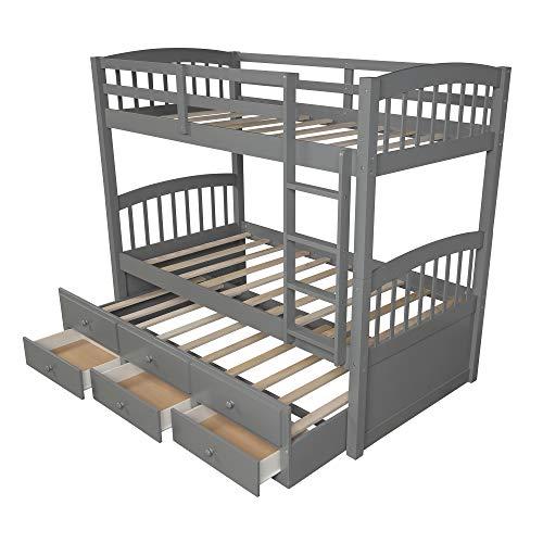 XD Designs XD Designs Twin Over Twin Bunk Bed with Trundle Bed and 3 Storage Drawers, Solid Wood Bed Frame with Ladder/Safety Rail for Kids, Teens Bedroom (Grey)