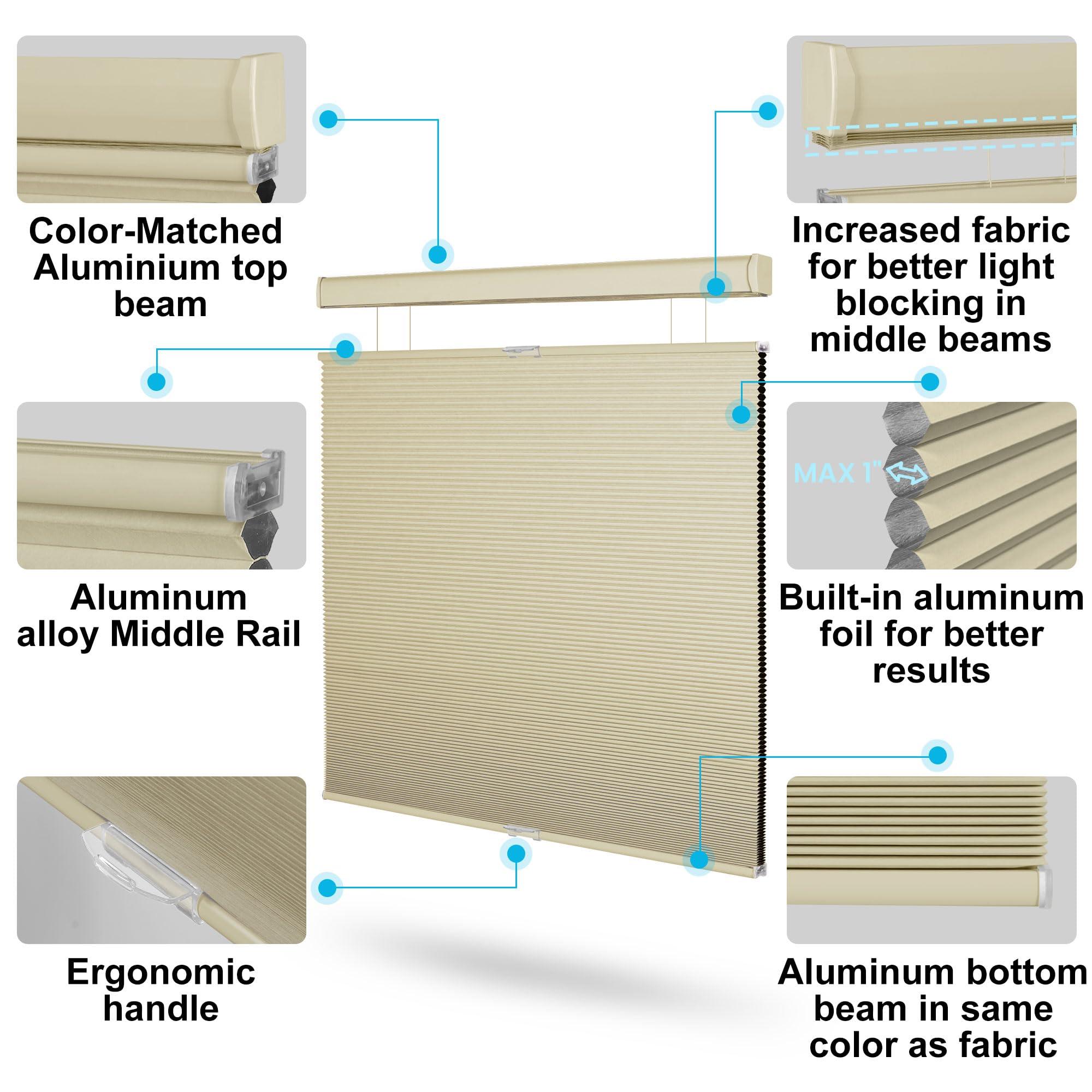 Sulugood Sulugood Top Down Bottom Up Cellular Shades,Blackout Honeycomb Blinds,Easy Install Cordless Cellular Blinds for Window,Beige,64" W x 64" H