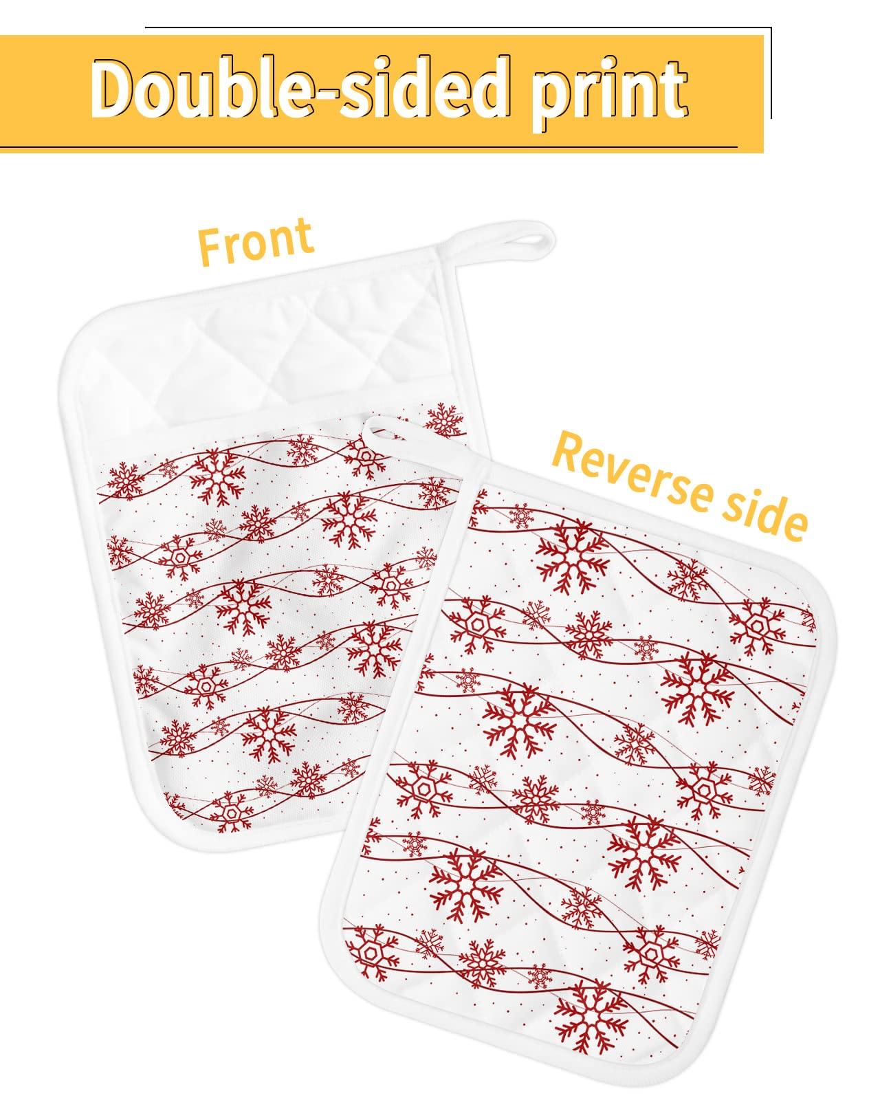 LEOKOTI 5 Pack Pocket Pot Holders, Christmas Snowflake Hot Pads for Kitchen Heat Insulation Potholders, Xmas Winter Red Snowflake White Decor Pot Holder Oven Mitts Hot Pad Trivet for Baking Cooking 9\"x7\"