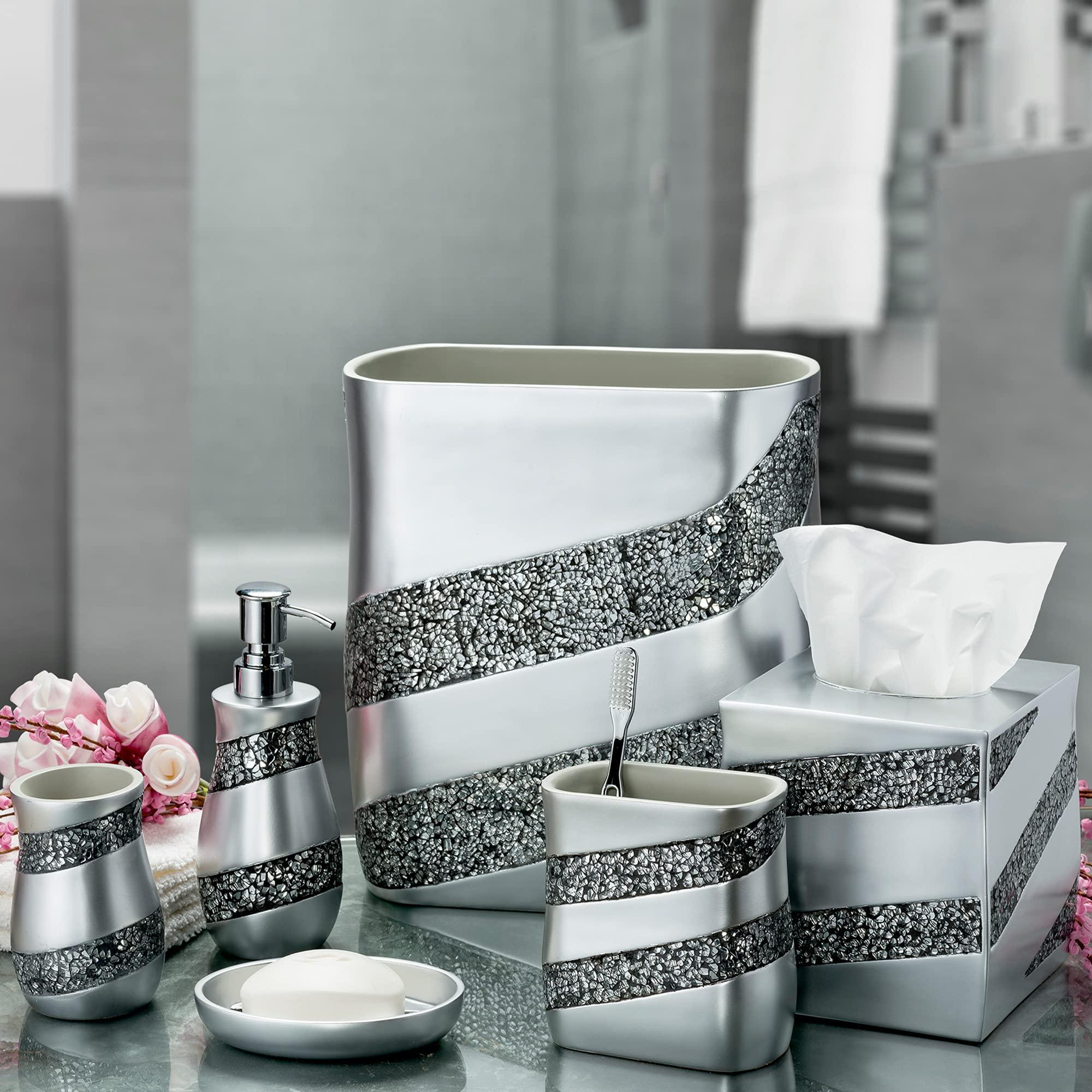 Creative Scents Creative Scents Silver Mosaic Bathroom Accessories Set Complete - 6 Piece Bathroom Set Includes: Bathroom Trash Can, Tissue Cover, Soap Dispenser, Toothbrush Holder, Tumbler & Soap Dish