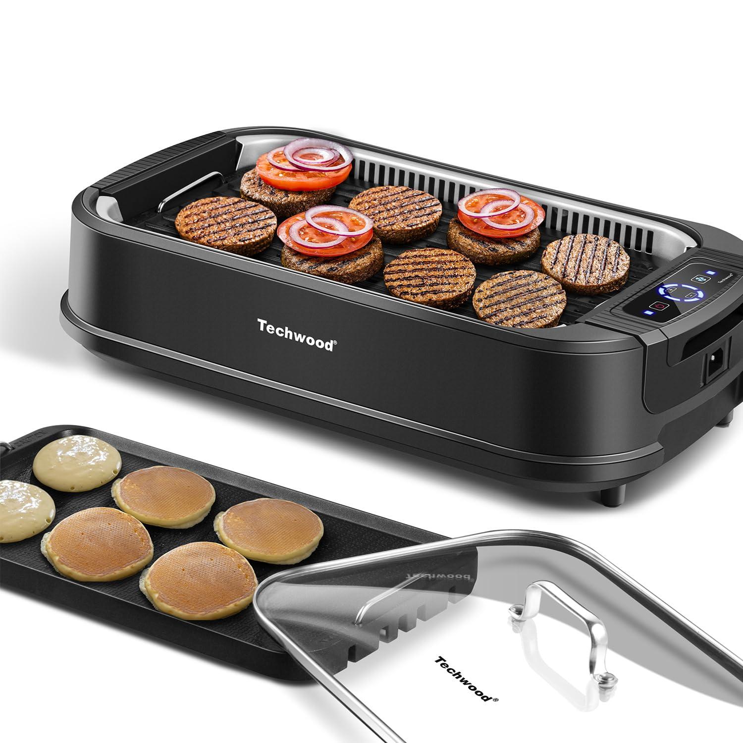 Techwood Indoor Smokeless Grill, Techwood 1500W Electric Indoor Grill with Tempered Glass Lid, Portable Non-stick BBQ Korean Grill, Turbo Smoke Extractor Technology, Drip Tray& Double Removable Plate, Black