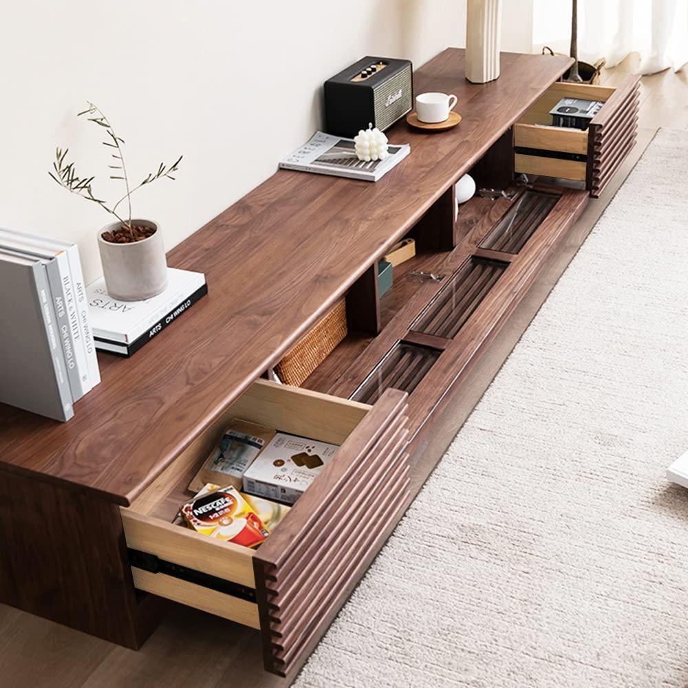 POVISON POVISON Wood Media Console, 70\'\' Mid-century Modern TV Stand with Storage, Assembly-Free Slatted TV Cabinet with Customized Compartments & Solid Pinewood Drawer