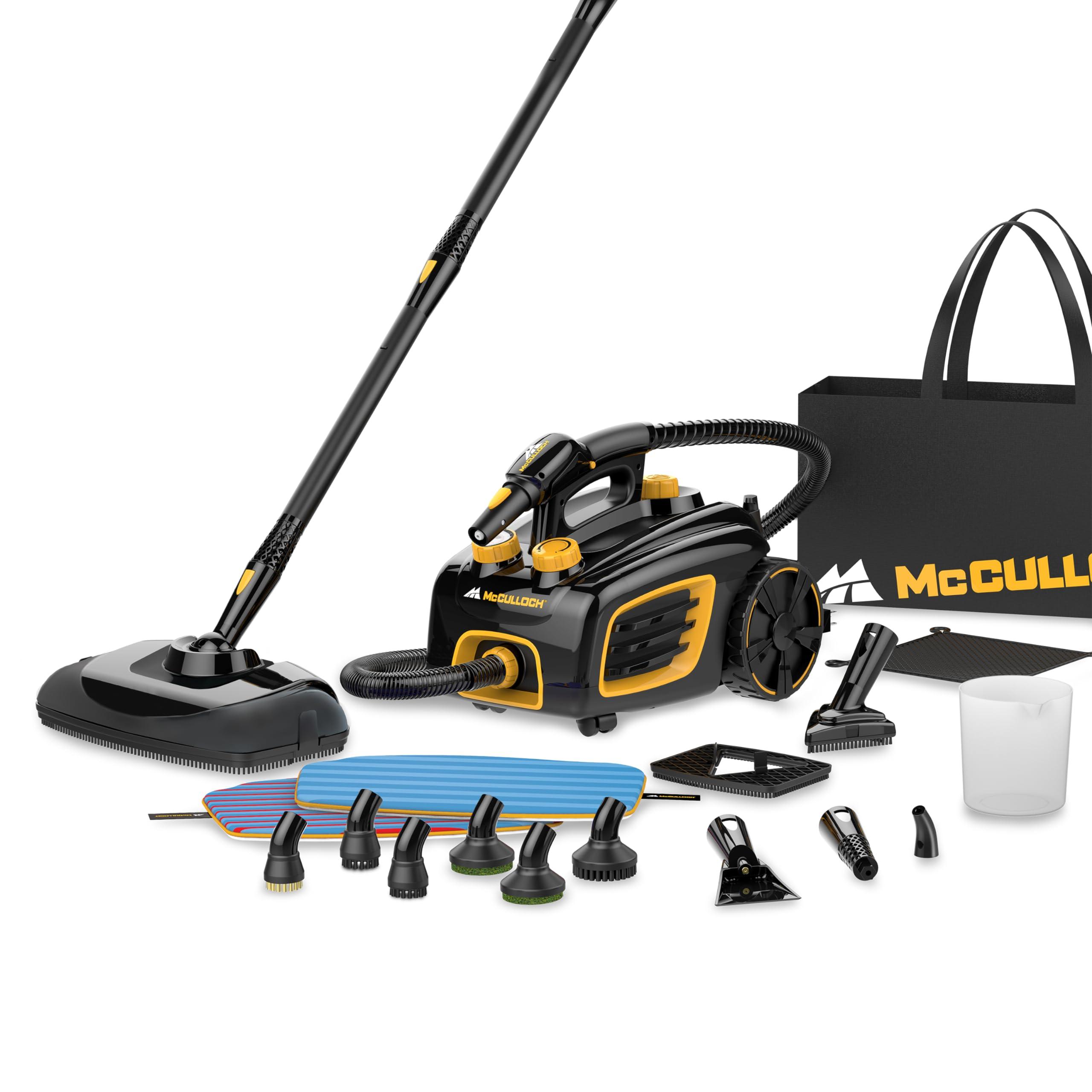 McCULLOCH McCulloch MC1375 Canister Steam Cleaner with 20 Accessories, Extra-Long Power Cord, Chemical-Free Cleaning for Most Floors, Counters, Appliances, Windows, Autos, and More, 1-(Pack), Black