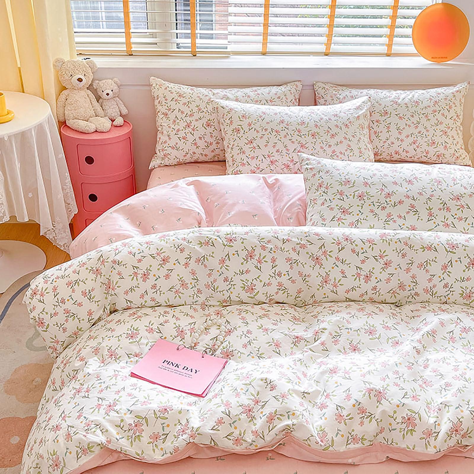 EAVD EAVD Vintage Style Garden Pink Floral Duvet Cover Queen White Soft 100% Cotton Small Cute Floral Bedding Set with 2 Pillowcases Chic Shabby Floral Botanical Duvet Cover with Zipper Closure
