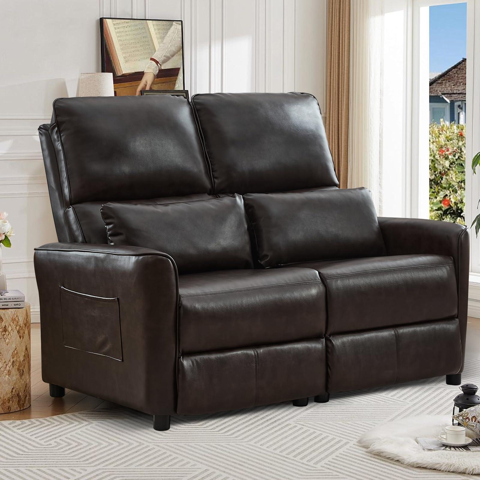 Houjud Houjud Manual Loveseat Recliner, 2 Seater Reclining RV Sofa Chair with Side Pockets/Lumbar Pillow, Faux Leather Double Pushback Recliner Loveseat Sofa Chair for Living Room (Red Brown)