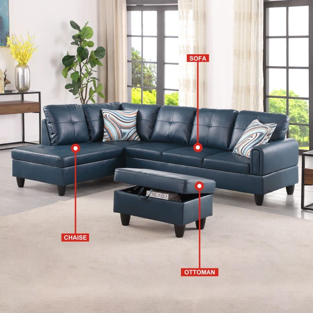 Ocstta Sectional Sofa Set Faux Leather Couch, L Shape Couch for Living Room, Sectional Couch Living Room Furniture Set with Ottoman (Left Hand Facing, Denim)