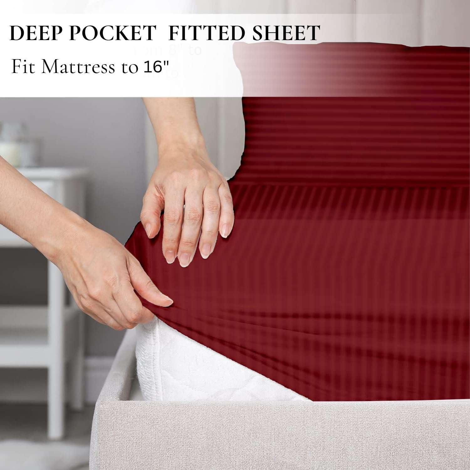 NON Sticky cotton Queen Size Sheet Set - 6 Piece Set - 400-Thread-Count 100% Egyptian Cotton Bed Sheets - Deep Pockets - Easy Fit - Bed Sheets Queen Size Set - Burgundy Stripe Bed Sheets - Queens Sheets - 6 PC