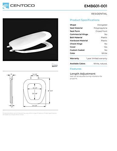 Centoco Centoco Eljer Emblem Elongated Toilet Seat with Square Front, Closed Front with Cover, Residential, Plastic, Made in the USA, EMB601-001, White